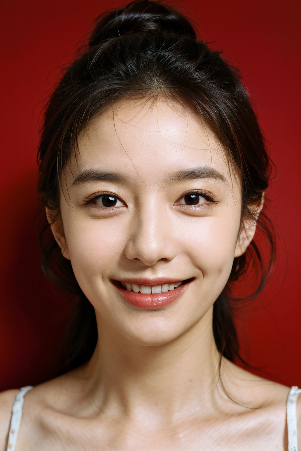 best quality, hyper realism, (ultra high resolution), masterpiece, 8K, RAW Photo,1woman, 40 years old,<lora:不要油光和网红脸的loraV2:0.65> ,(beautiful face:1.8), smile,