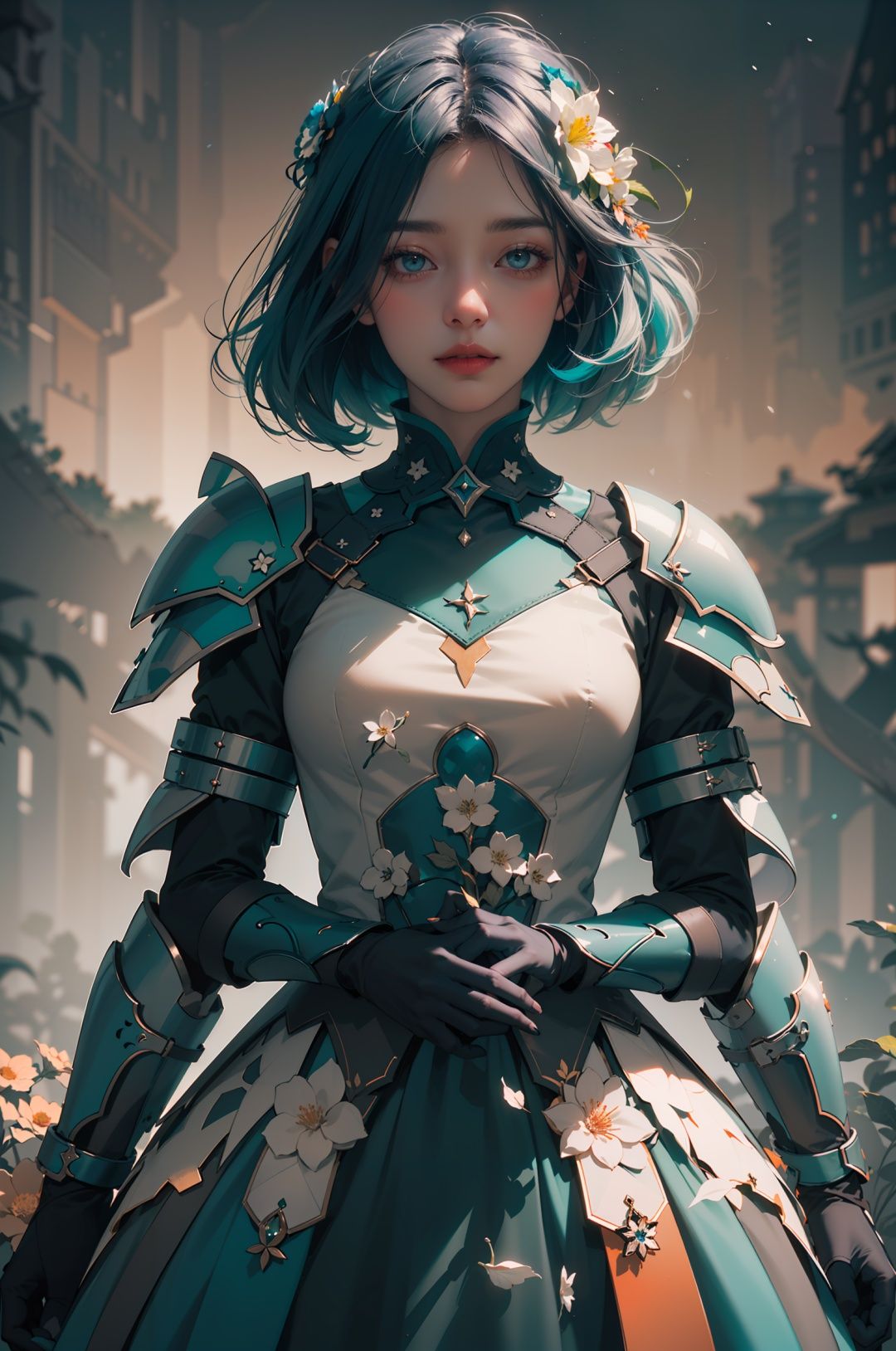 woman, flower dress, colorful, darl background,flower armor,green theme,exposure blend, medium shot, bokeh, (hdr:1.4), high contrast, (cinematic, teal and orange:0.85), (muted colors, dim colors, soothing tones:1.3), low saturation,