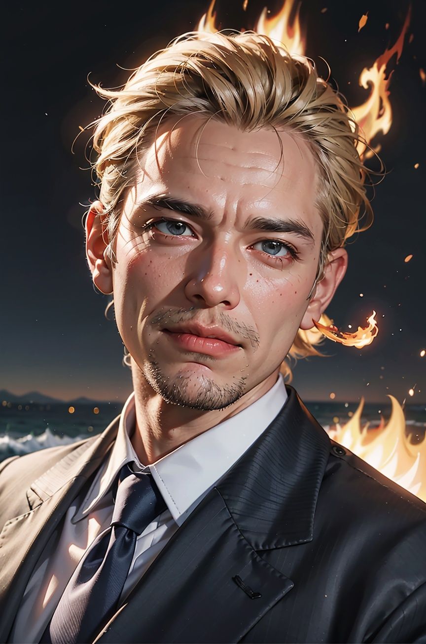 (absurdres, highres, ultra detailed)1 old man wearing a suit ,A handsome face,,At the seaside, swirling fire around man,