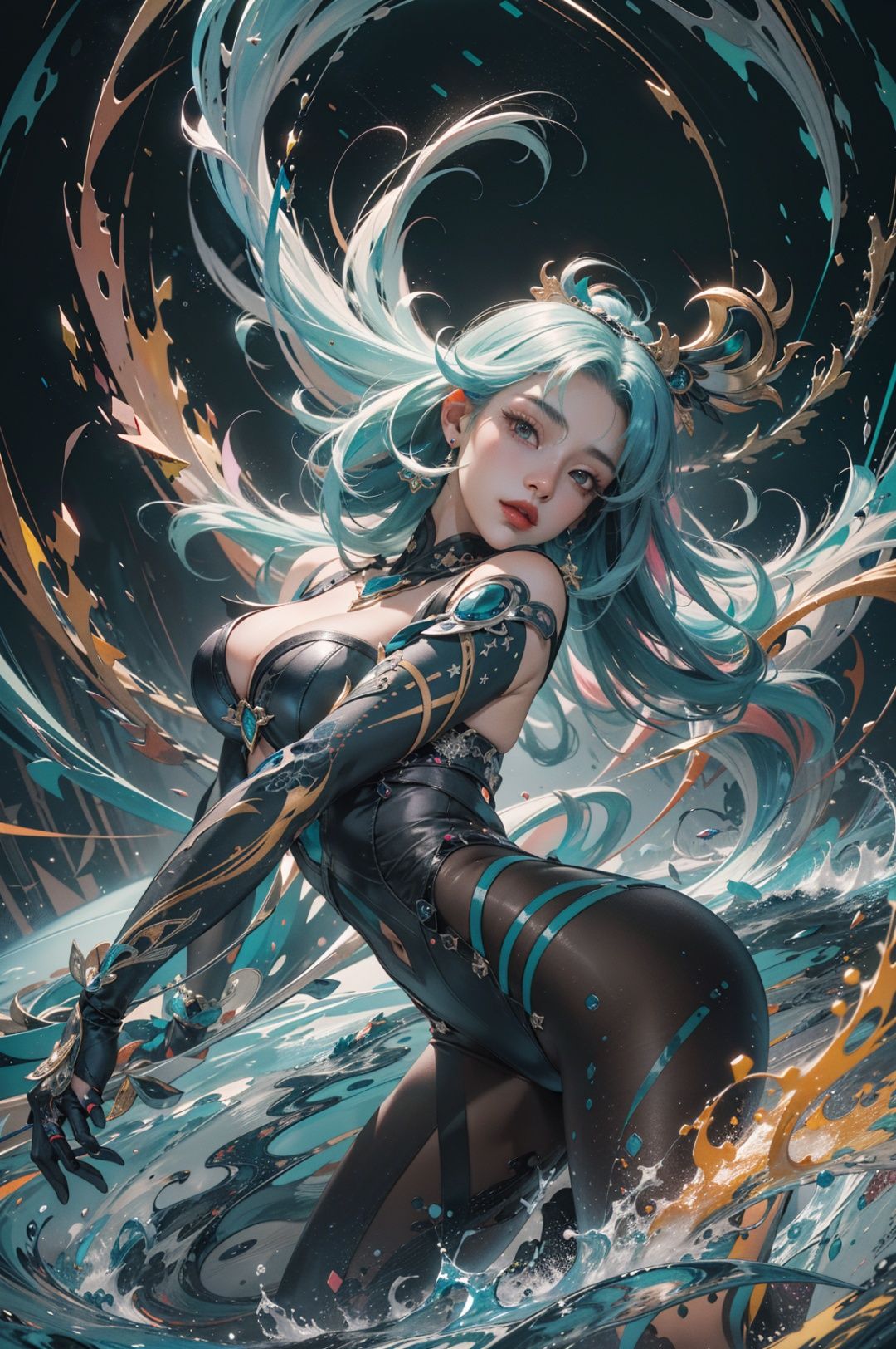 dark theme,zhongfenghua, (1girl:1.2), (masterpiece,top quality,best quality,official art,beautiful and aesthetic:1.2), (geometric abstract background:1.4), esoteric,depth of field(zentangle, mandala, tangle, entangle), (colorful:1.1), (floating colorful sparkles), (dynamic pose), (dynamic angle:1.4), glowing skin,elegant, a brutalist designed, vivid colours, romanticism, Samoan pond, Fluid Moving well-built girl, Fall, expressive brush strokes, Swirling
