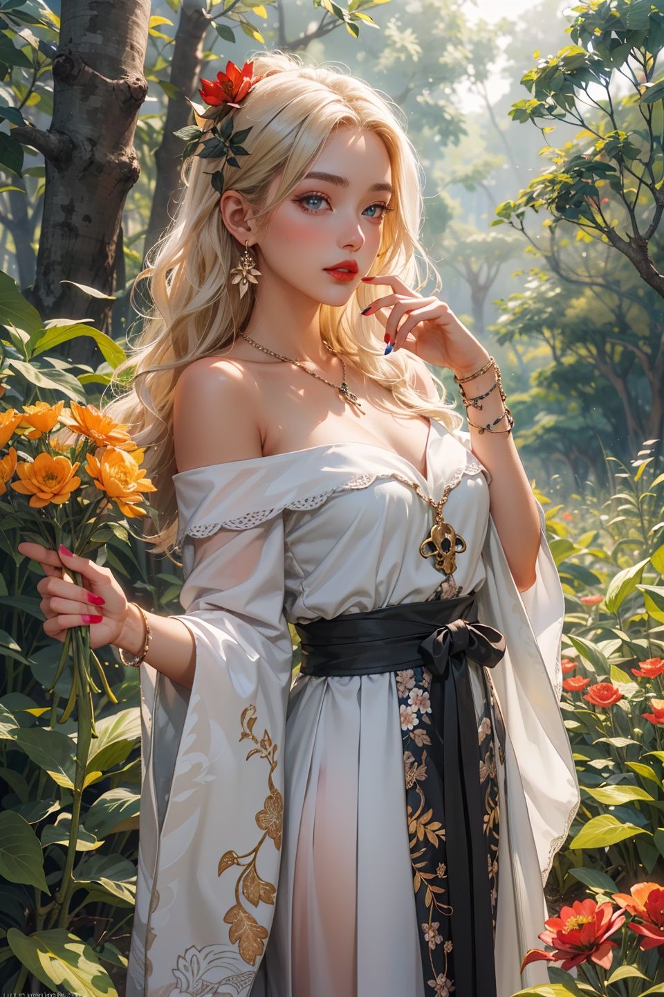 (absurdres, highres, ultra detailed)1girl, jewelry, flower, earrings, long hair, dress, blonde hair, solo, tree, skull, hair ornament, white hair, holding, ring, bracelet, nature, bare shoulders, leaf, watermark, lips, necklace, gem, parted lips, outdoors, red lips, off shoulder, day, web address, wide sleeves, forest, orange flower, nail polish, sunlight, standing, red flower, branch, blue eyes