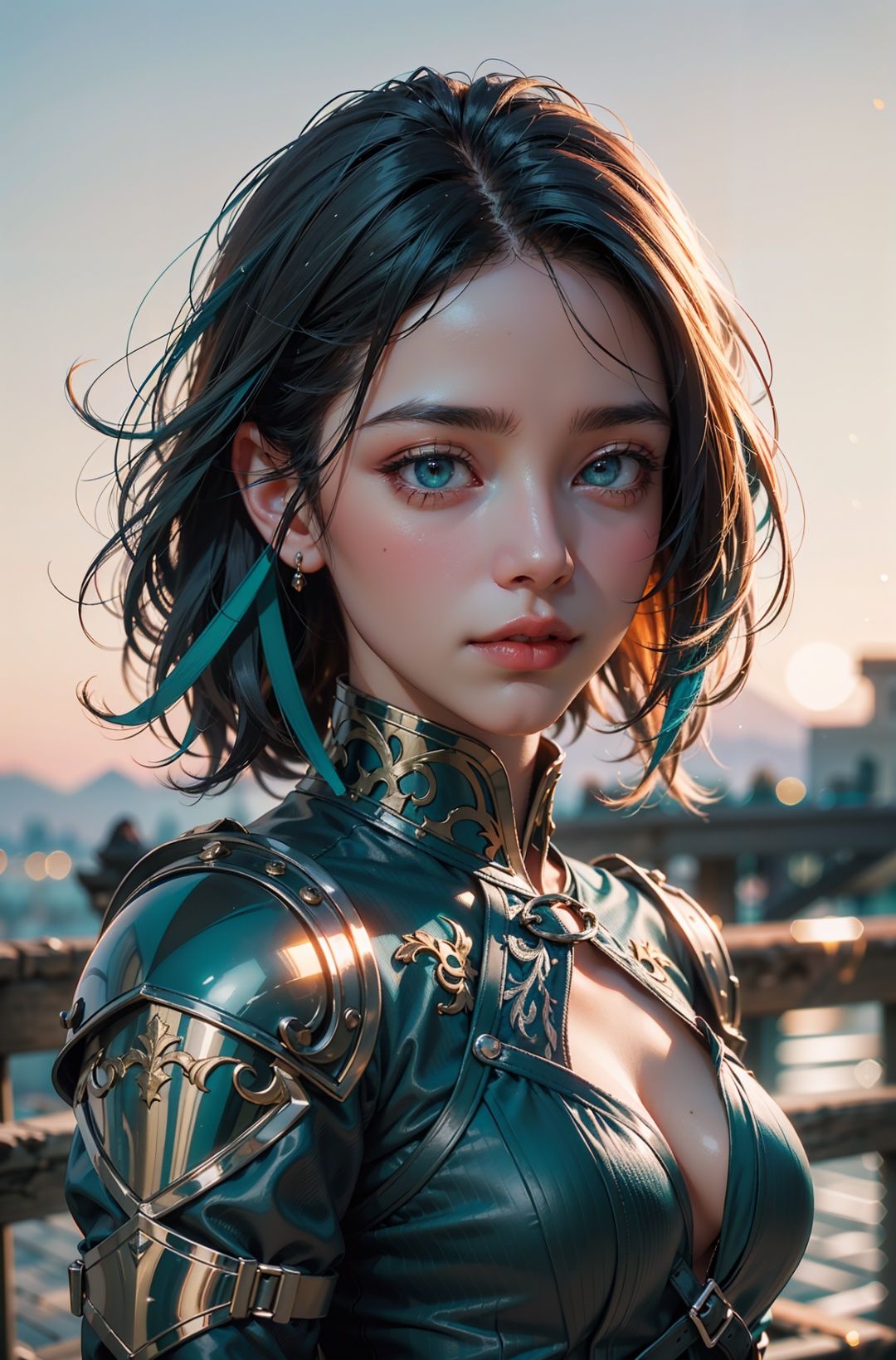 (absurdres, highres, ultra detailed)(masterpiece), (extremely intricate:1.3), (realistic), portrait of a girl, the most beautiful in the world, (medieval armor), metal reflections, upper body, outdoors, intense sunlight, far away castle, professional photograph of a stunning woman detailed, sharp focus, dramatic, award winning, cinematic lighting, , volumetrics dtx, (film grain, blurry background, blurry foreground, bokeh, depth of field, sunset, motion blur:1.3), chainmail,exposure blend, medium shot, bokeh, (hdr:1.4), high contrast, (cinematic, teal and orange:1.4), (muted colors, dim colors, soothing tones:1.3), low saturation,