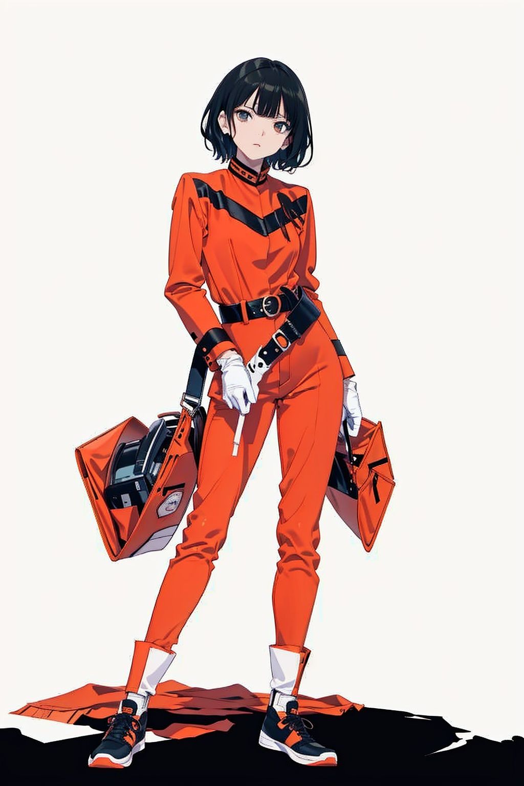 (masterpiece:1.3), (the best quality:1.2), (super fine illustrations:1.2), (Masterpiece), high quality, high detail,((white background:1.2)), looking at viewer, (SOLO:1.4),outline,,simple background,  mat_style,orange_bodysuit,military_uniform,helmet,belt,mat_style,white_gloves,uniform