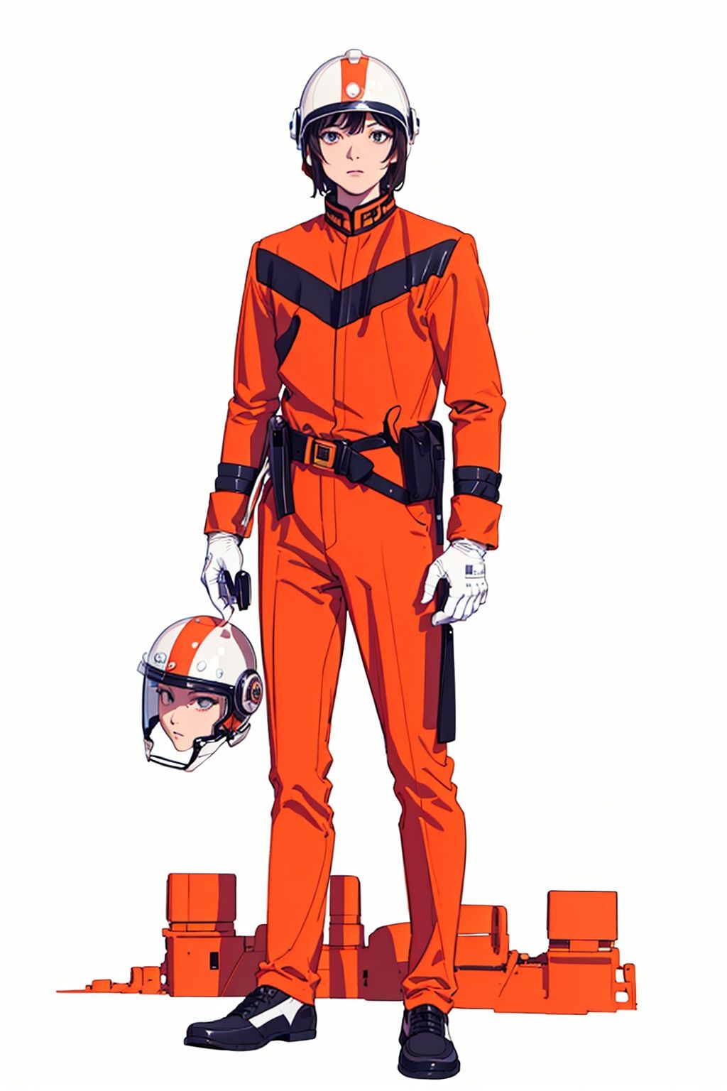 (masterpiece:1.3), (the best quality:1.2), (super fine illustrations:1.2), (Masterpiece), high quality, high detail,((white background:1.2)), looking at viewer, (SOLO:1.4),outline,,simple background, mat_style,orange_bodysuit,military_uniform,((helmet)),belt,mat_style,white_gloves,uniform