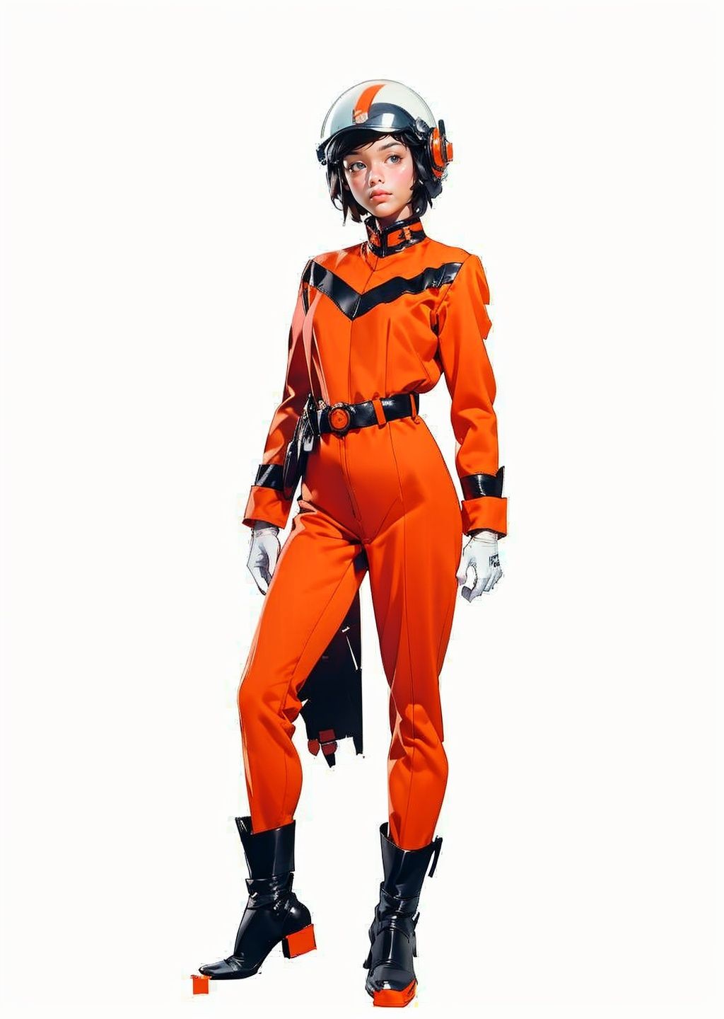 (masterpiece:1.3), (the best quality:1.2), (super fine illustrations:1.2), (Masterpiece), high quality, high detail,((white background:1.2)), looking at viewer, (SOLO:1.4),outline,,simple background,  mat_style,orange_bodysuit,military_uniform,helmet,belt,mat_style,white_gloves,uniform