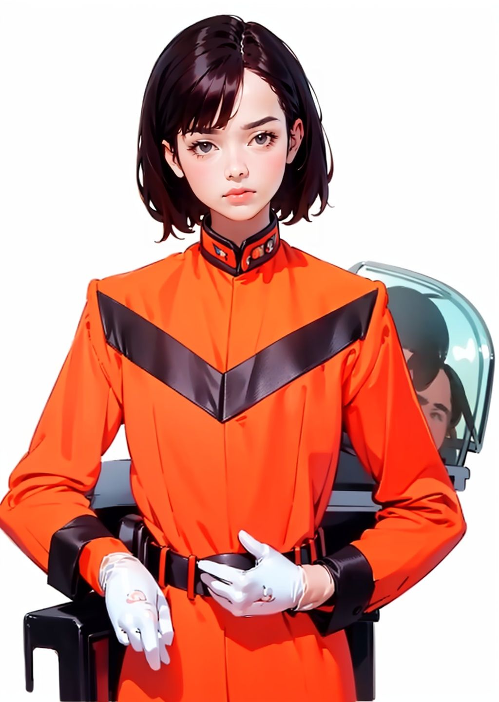 (masterpiece:1.3), (the best quality:1.2), (super fine illustrations:1.2), (Masterpiece), high quality, high detail,((white background:1.2)), looking at viewer, (SOLO:1.4),outline,,simple background,  mat_style,orange_bodysuit,military_uniform,helmet,belt,mat_style,white_gloves,uniform