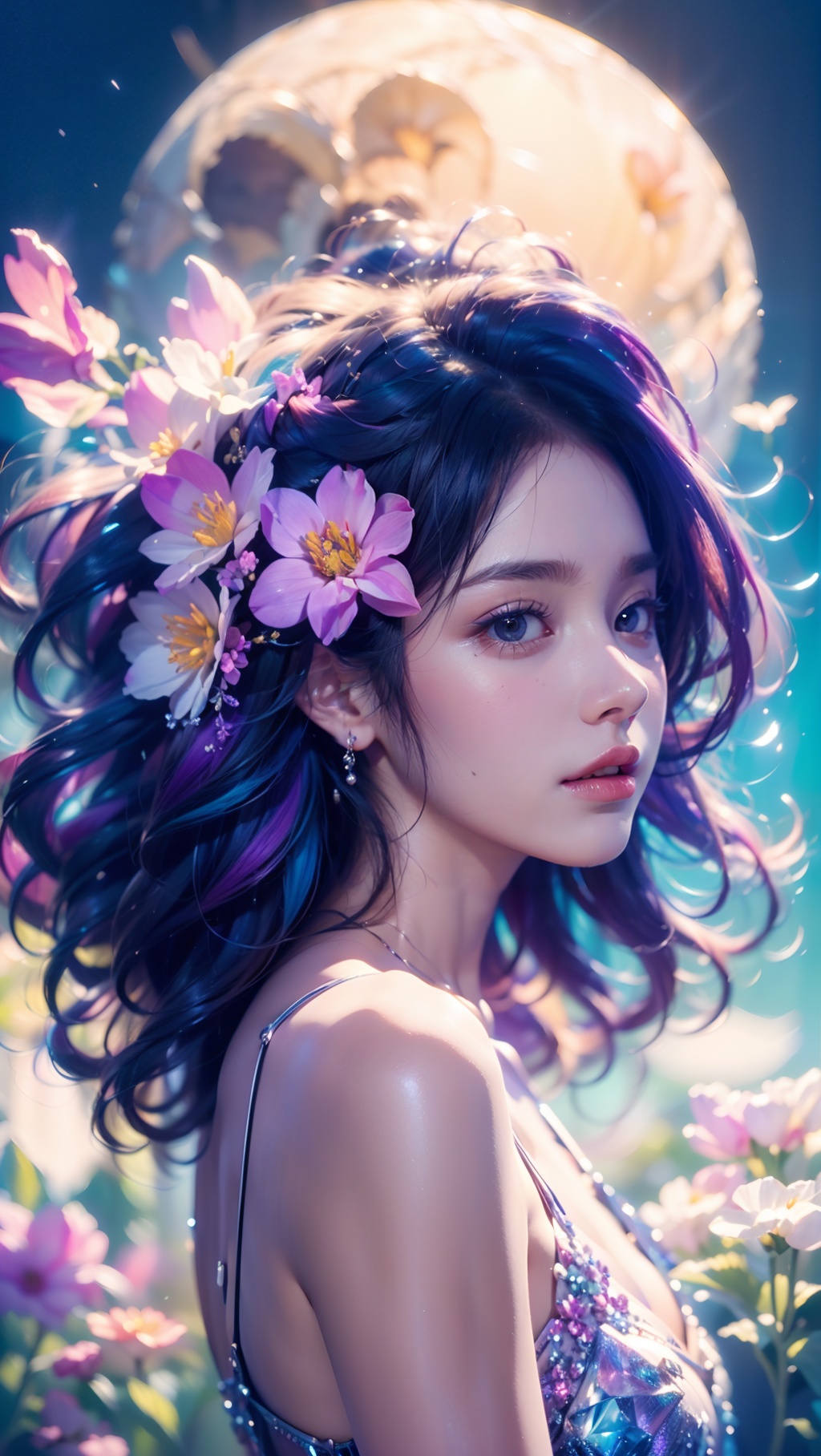 1 girl, Purple hair, (brown eyes), (extremely exquisite and beautiful), ((Purple and blue clothes)),meteor, meteor shower, (super large moon), (blue moon), comet, flower sea, many flowers, flower sea facing the audience, front, butterflies, hair, butterfly, f, dreamy light, (8k, RAW photo, best quality, masterpiece: 1.2), (realistic, photo fidelity: 1.3), ultra fine, ultra fine cg 8k wallpaper, (crystal textured skin: 1.2), 1girl, Crystal Girl, Colored hair