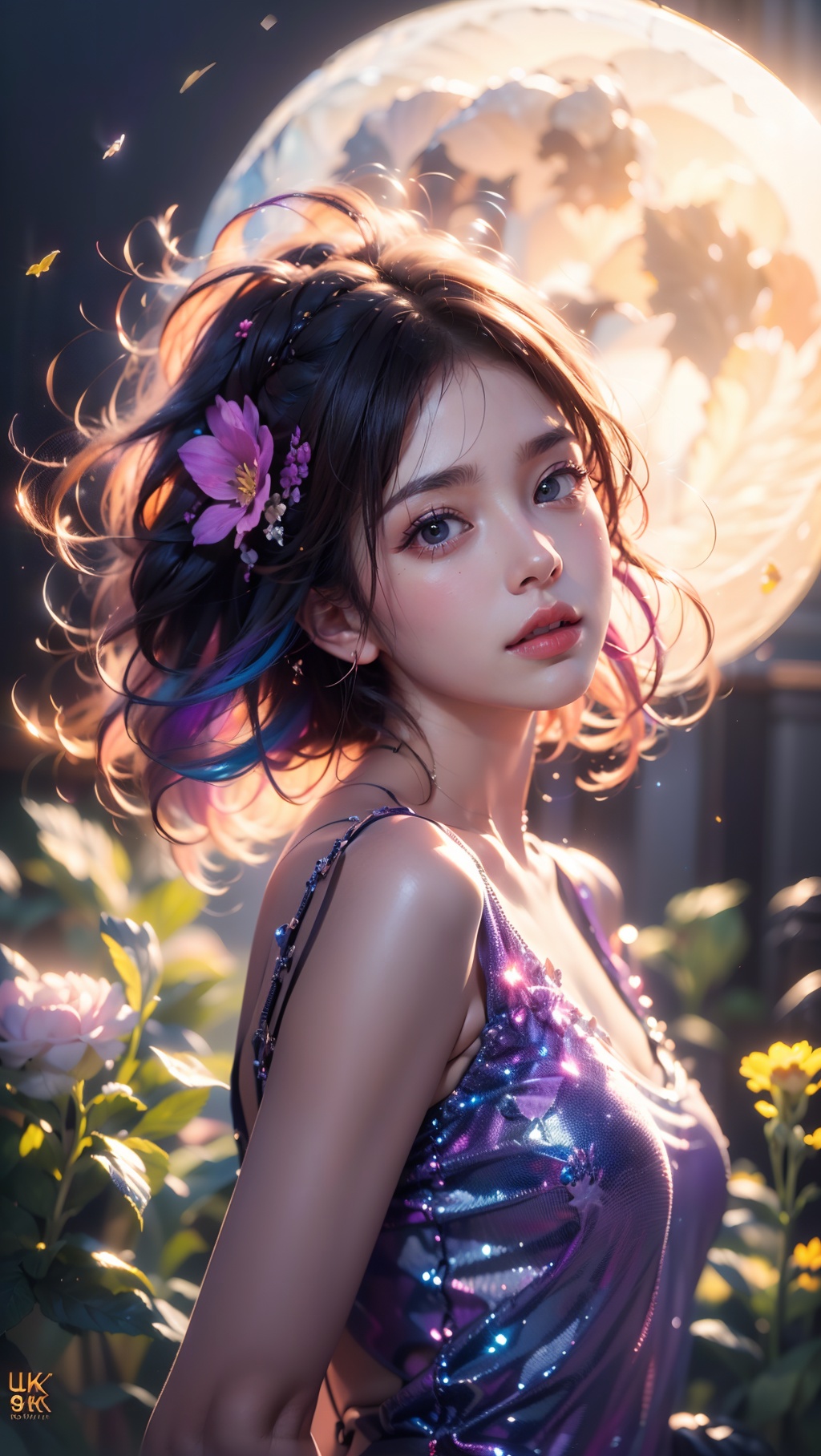 1 girl, Purple hair, (brown eyes), (extremely exquisite and beautiful), ((Purple and blue clothes)),meteor, meteor shower, (super large moon), (blue moon), comet, flower sea, many flowers, flower sea facing the audience, front, butterflies, hair, butterfly, f, dreamy light, (8k, RAW photo, best quality, masterpiece: 1.2), (realistic, photo fidelity: 1.3), ultra fine, ultra fine cg 8k wallpaper, (crystal textured skin: 1.2), 1girl, Crystal Girl, Colored hair