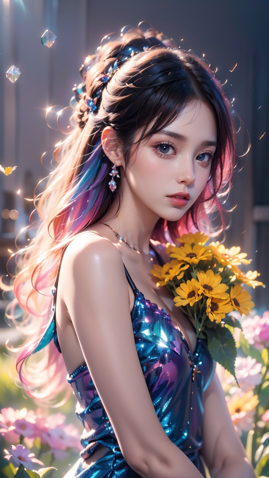 1 girl, Purple hair, (brown eyes), (extremely exquisite and beautiful), ((Purple and blue clothes)),meteor, meteor shower, (super large moon), (blue moon), comet, flower sea, many flowers, flower sea facing the audience, front, butterflies, hair, butterfly, f, dreamy light, (8k, RAW photo, best quality, masterpiece: 1.2), (realistic, photo fidelity: 1.3), ultra fine, ultra fine cg 8k wallpaper, (crystal textured skin: 1.2), 1girl, Crystal Girl, Colored hair
