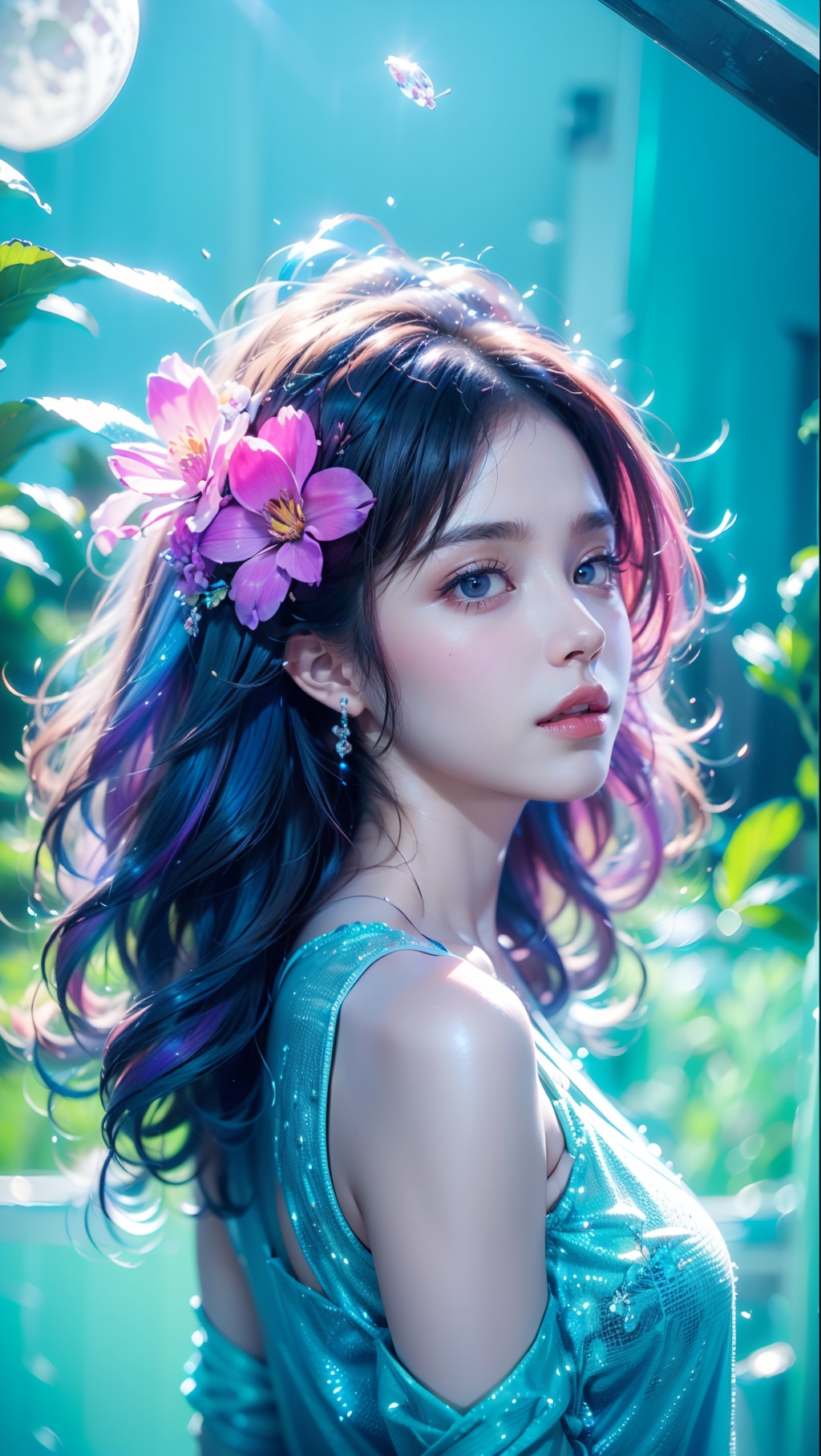 1 girl, Purple hair, (brown eyes), (extremely exquisite and beautiful), ((Purple and blue clothes)),meteor, meteor shower, (super large moon), (blue moon), comet, flower sea, many flowers, flower sea facing the audience, front, butterflies, hair, butterfly, f, dreamy light, (8k, RAW photo, best quality, masterpiece: 1.2), (realistic, photo fidelity: 1.3), ultra fine, ultra fine cg 8k wallpaper, (crystal textured skin: 1.2), 1girl, Crystal Girl, Colored hair