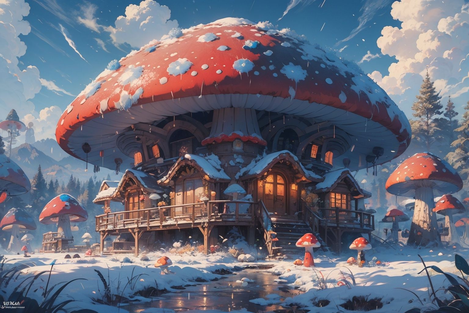 masterpiece,best quality,official art,extremely detailed CG unity 8k wallpaper,mushroom, glowing mushroom, mushroom house,after rain, rain, <lora:蘑菇屋:0.5>