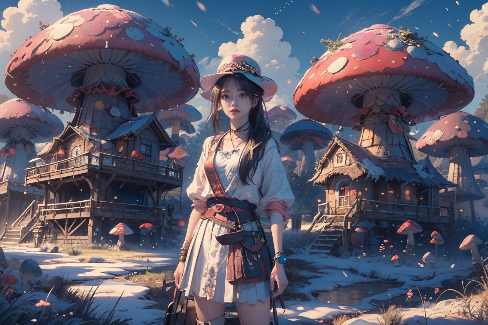 masterpiece,best quality,official art,extremely detailed CG unity 8k wallpaper,mushroom, glowing mushroom, mushroom house,after rain, rain, grass, summer, 1girl, cowboy shot, white shirt, belt buckle, pleated skirt, high ponytail, <lora:蘑菇屋:0.5> <lora:TULI-000003:0.65>