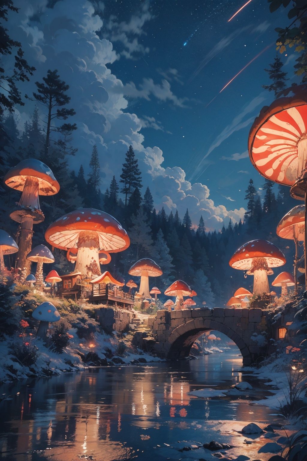 masterpiece,best quality,official art,extremely detailed CG unity 8k wallpaper,mushroom, glowing mushroom, mushroom house,night, starry sky, river, reflection, <lora:蘑菇屋:0.5>