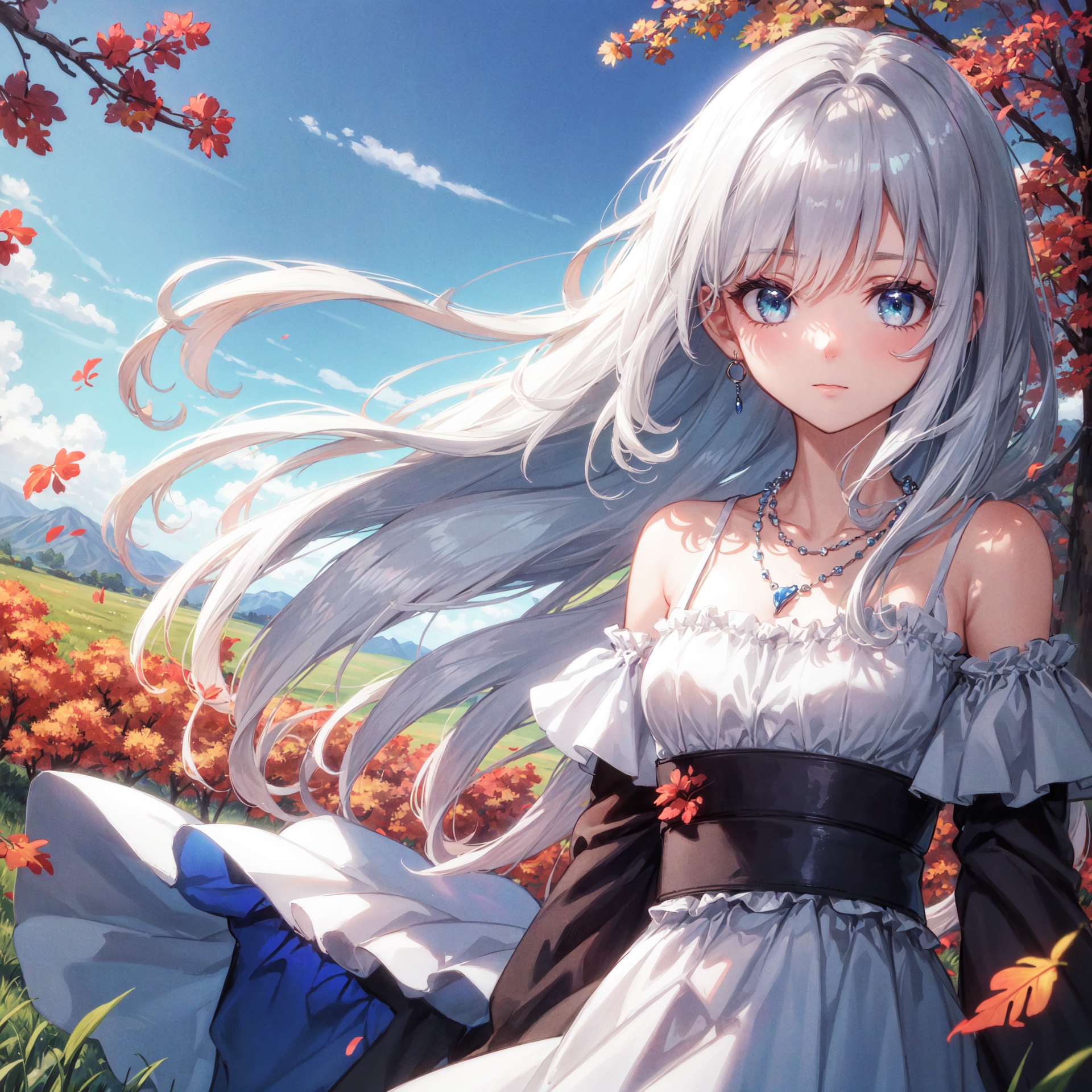 {{masterpiece}}, {{best quality}}, {ultra-detailed}, {{extremely detailed}}, 4K, {8K}, best quality, {beautiful},cornflower,cornflower,mountain, green meadow, morning, autumn, a pretty woman, solo, dress, beautiful silver hair0, {beautiful eyes}, long hair, necklace, wind effect