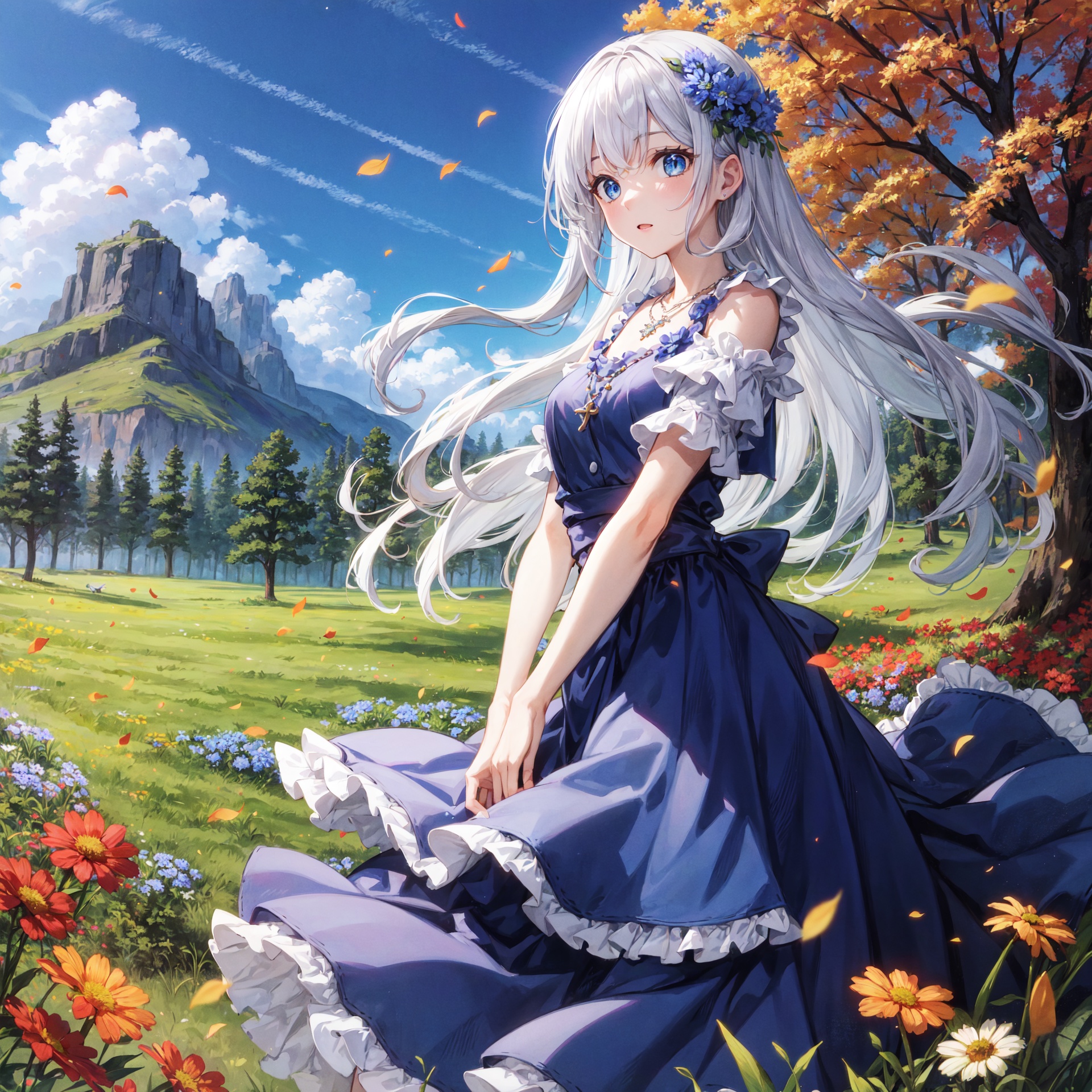 {{masterpiece}}, {{best quality}}, {ultra-detailed}, {{extremely detailed}}, 4K, {8K}, best quality, {beautiful},cornflower,cornflower,mountain, green meadow, morning, autumn, a pretty woman, solo, dress, beautiful silver hair0, {beautiful eyes}, long hair, necklace, wind effect