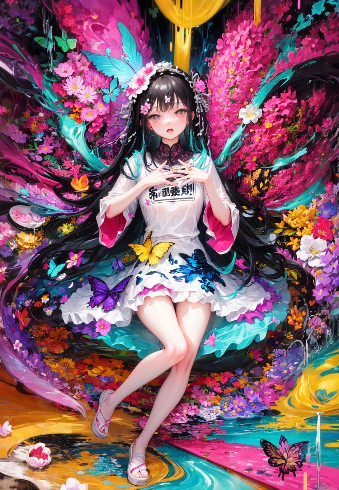 masterpiece, ultra-high quality,( ultra detailed original illustration),( 1girl),full body, tachi-e, Dynamic angle,,(( harajuku fashion)),(( flowers with human eyes, flower eyes)), double exposure, fussion of fluid abstract art, glitch,( 2d),( original illustration composition),( fusion of limited color, maximalism artstyle, geometric artstyle, butterflies, junk art)
