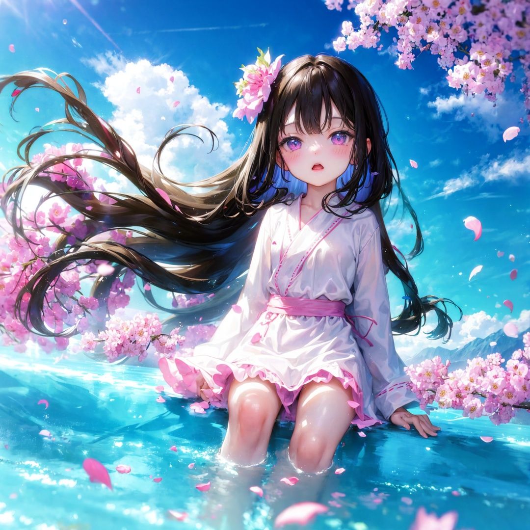 (a girl with long brown hair and purple eye, white robe, sitting in water, long thin braids, looking at viewer:0.9)mountains at far, beautiful nature, wind, (loli:1.4),floating pink petals,water reflection of clear blue sky,(holding a flower),from behind,
