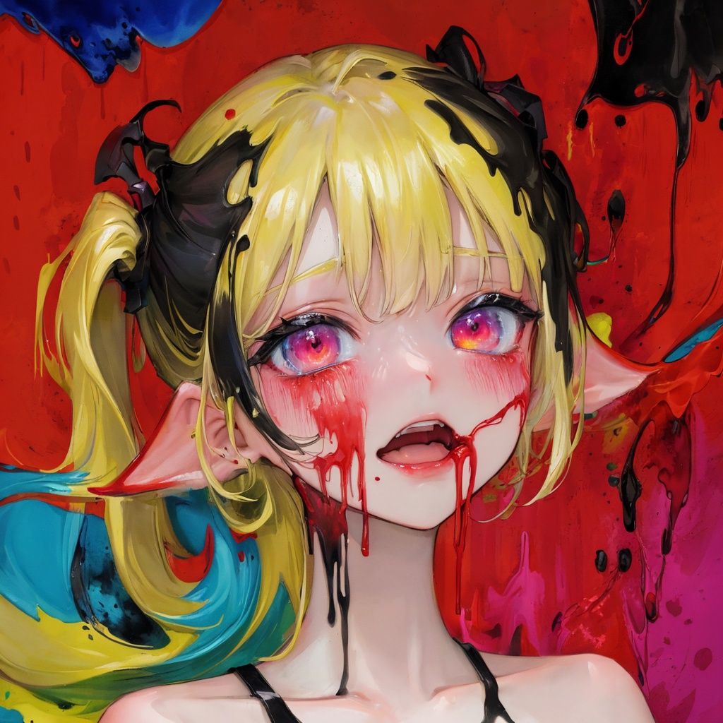 masterpiece,official art,unity 8k wallpaper,inkpunk,(splatter background:1.5),outline,ligne claire,watercolor (medium),(abstract colorful blotchy background:1.4),drippy color splashes, 1girl,nanakusa nazuna, portrait, open mouth,vampire,