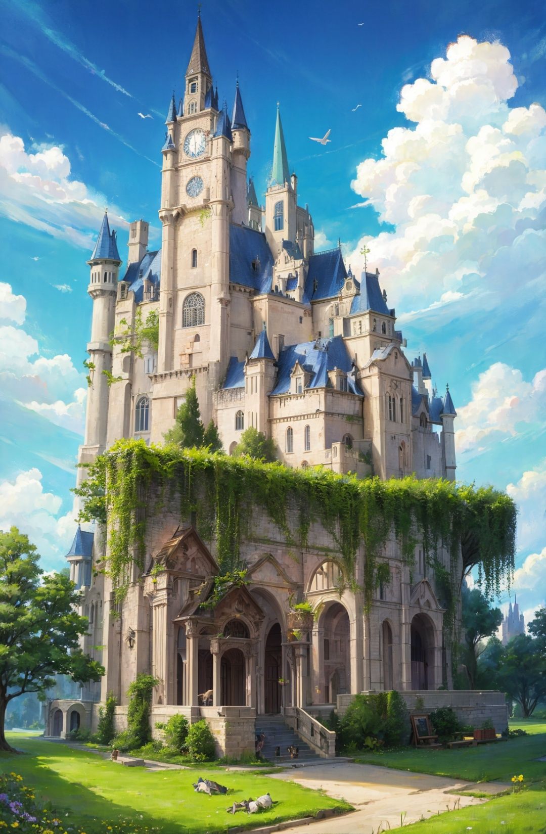 fantahouse, scenery, outdoors, sky, no humans, day, cloud, blue sky, flower, building, castle, tree, bird, grass, tower, <lora:EMS-179-EMS:0.4>