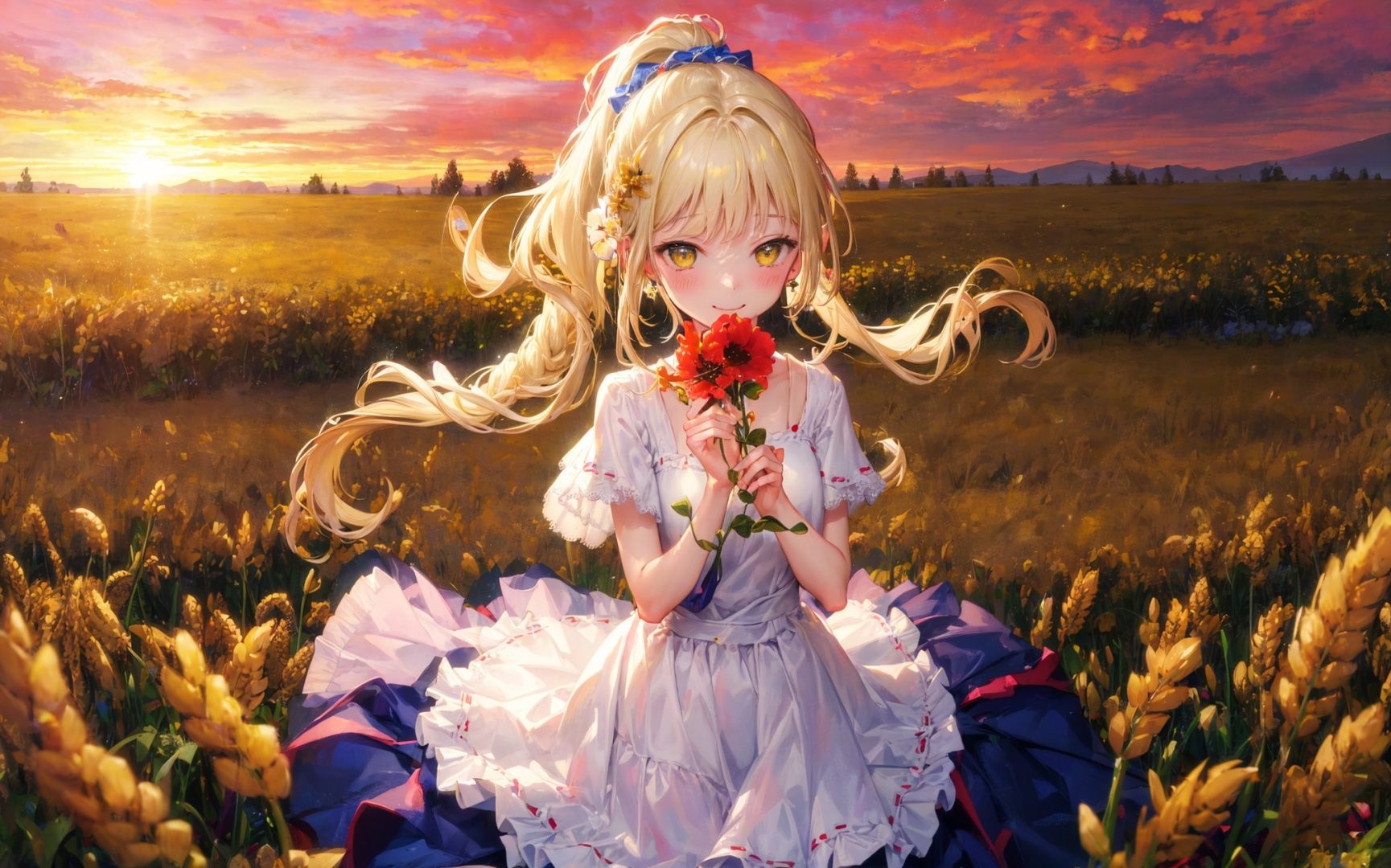 best quality,masterpiece,extremely detailed,detailed background,(from above:1.2),1girl,solo,yellow hair,yellow eyes,skirt,braid,shout hair,wavy hair,on side,fluffy hair,ponytail,french braid,blush,smile,capelet,lace trim,bodice,sunset,long dress,dusk,scenery,gold sky,high place,horizon,wheat field,wheat ears,wind,wind blow,looking at viewer,(depth of field),bokeh,(holding a flower:1.3),holding