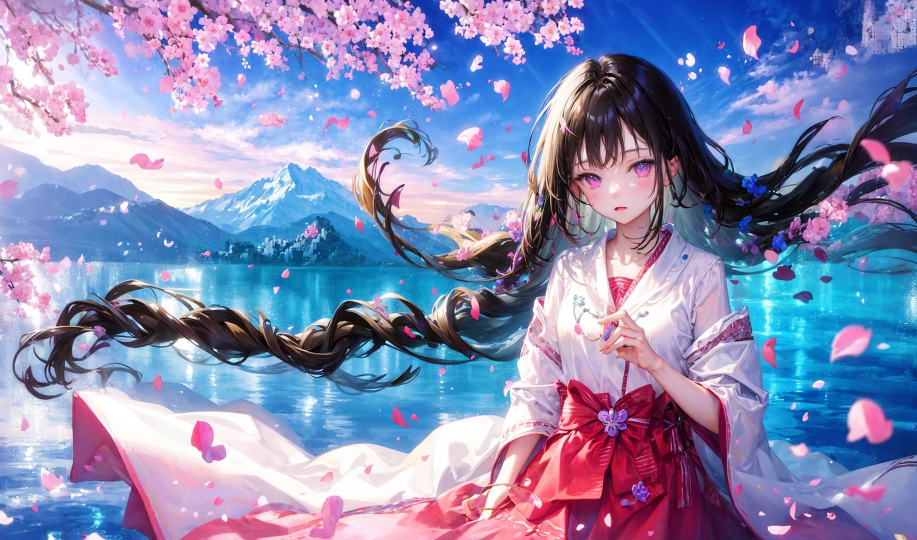 (a girl with long brown hair and purple eye, white robe, sitting in water, long thin braids, looking at viewer:0.9)mountains at far, beautiful nature, wind, floating pink petals,water reflection of clear blue sky,(holding a flower)