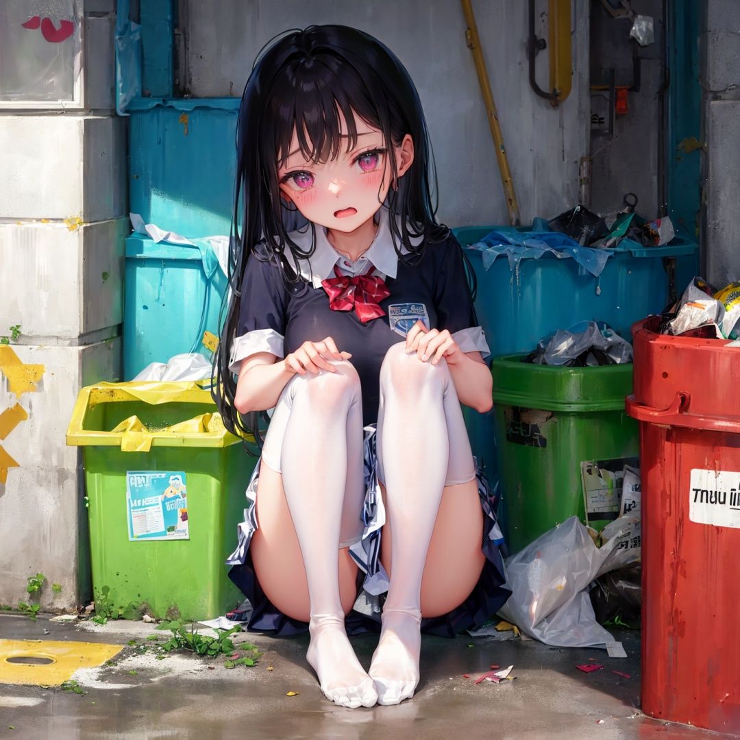 A girl in a school uniform sat on the wet ground in a dirty and cluttered alley, (((bottomless))), bare legs,  her clothes soaked through from the rain.white pantyhose without shoes, She was surrounded by overflowing trash bins and piles of garbage,  the stench overwhelming.    Tears streamed down her face,  her sobs the only sound in the otherwise quiet and desolate alleyway.    The rain continued to fall,  drumming against the pavement and mixing with the refuse to create a disgusting slurry at her side.