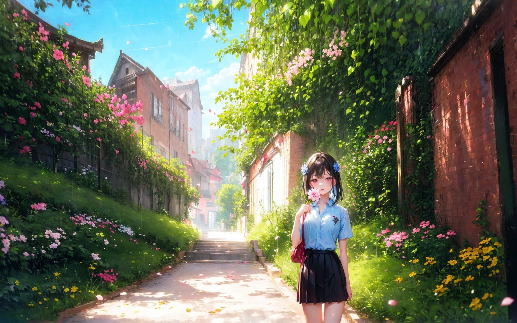 masterpiece,best quality,1girl,black skirt,branch,building,chain-link fence,cherry blossoms,fence,long hair,outdoors,petals,pleated skirt,rain,shirt,short sleeves,skirt,solo,standing,tree,sky,street,baihuaniang,flower,((holding a flower))