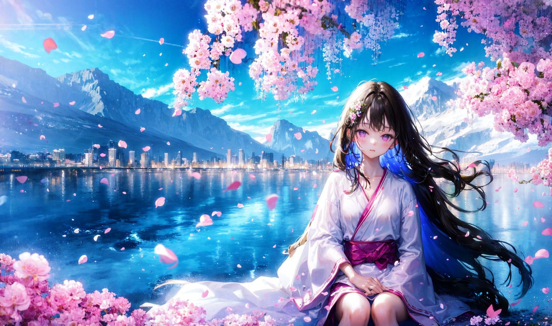 (a girl with long brown hair and purple eye, white robe, sitting in water, long thin braids, looking at viewer:0.9)mountains at far, beautiful nature, wind, floating pink petals,water reflection of clear blue sky,(holding a flower)