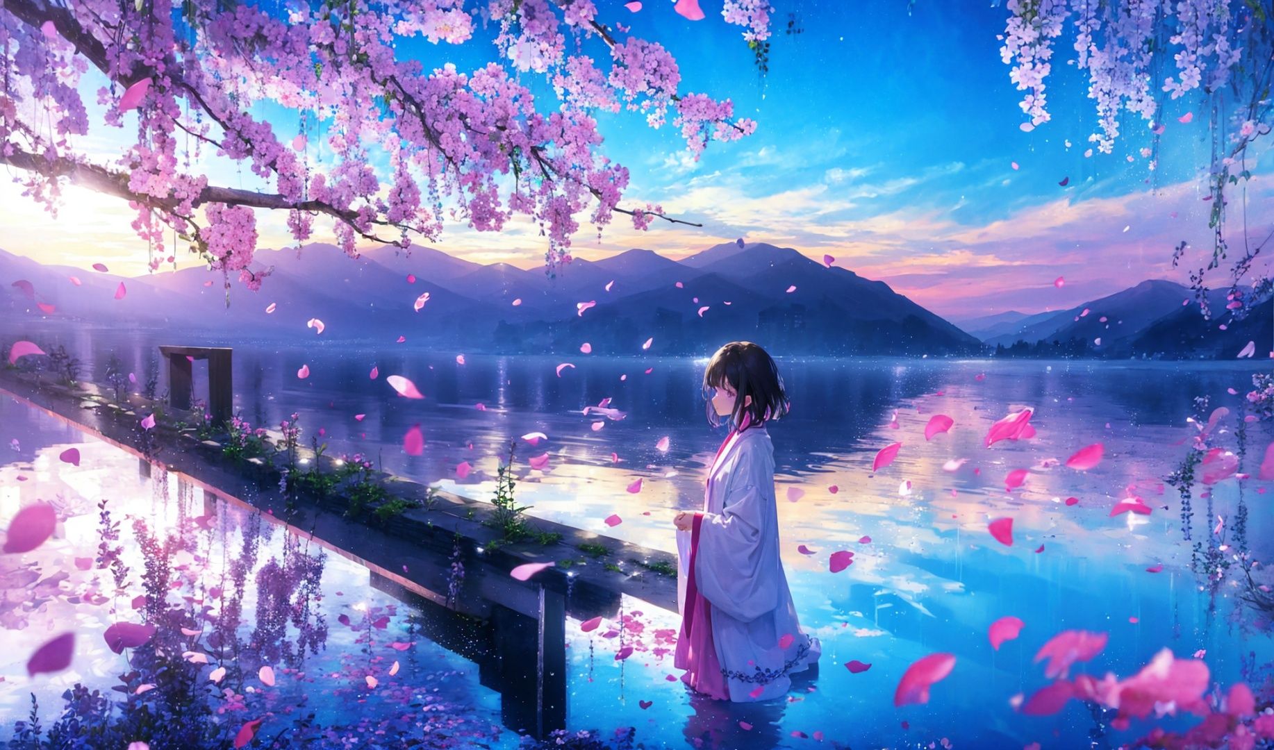 (a girl with short brown hair and purple eye, white robe, sitting in water, long thin braids, looking at viewer:0.9)mountains at far, beautiful nature, wind, floating pink petals,water reflection of clear blue sky,(holding a flower)