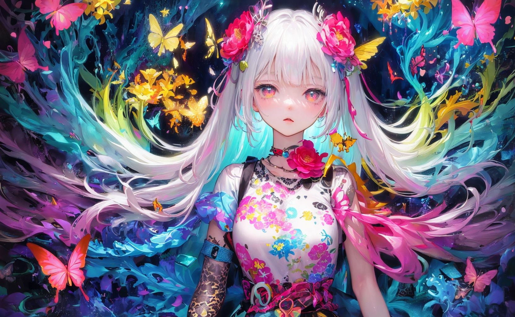 masterpiece, ultra-high quality,( ultra detailed original illustration),( 1girl, upper body),(( harajuku fashion)),(( flowers with human eyes, flower eyes)), double exposure, fussion of fluid abstract art, glitch,( 2d),( original illustration composition),( fusion of limited color, maximalism artstyle, geometric artstyle, butterflies, junk art)