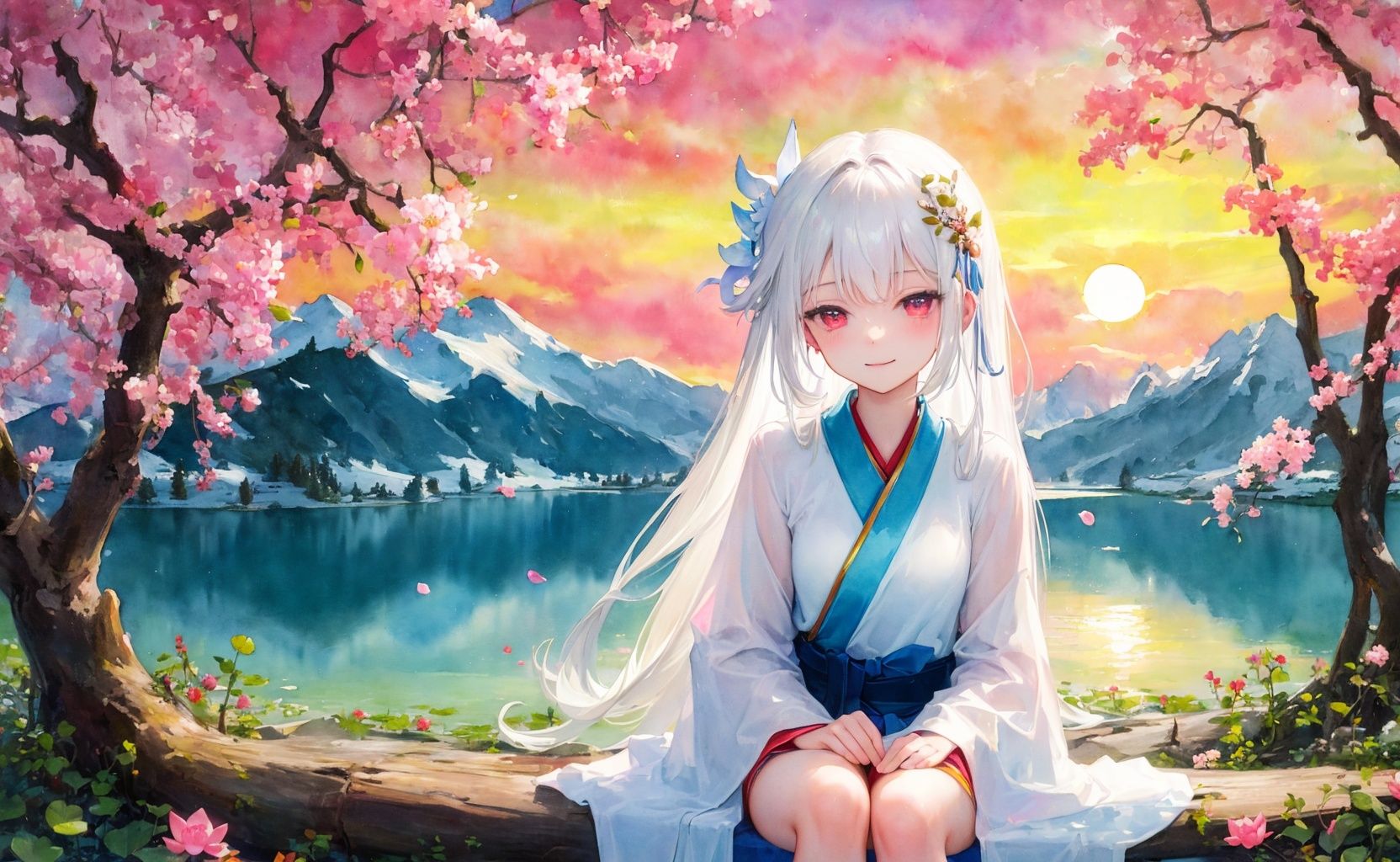 best quality,masterpiece,highres,original,(watercolor \\(medium\\):1.3),(depth of field:1.4),dutch angle,dynamic angle,(on branch),\n(1girl:1.15),immortal,(female focus),adut female,solo,(lazy smile:1.2),looking at viewer,(very long white hair:1.25),hair flower,(hairpin),white hanfu,sleepy,\n//\ncloudy,Cirrocumulus,mountains,lake,(snow:1.15),\nchinese trees,branch,plum blossom,lotus,petals,sunset,\nin lotus blossom\n//\ncolor splashing,\nprismatic,iridescent\n,upper body,(sitting:1.1),(hand on the gills:1.1),