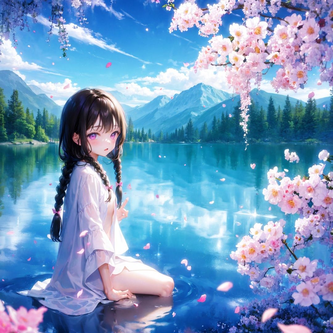 (a girl with long brown hair and purple eye, white robe, sitting in water, long thin braids, looking at viewer:0.9)mountains at far, beautiful nature, wind, (loli:1.4),floating pink petals,water reflection of clear blue sky,(holding a flower),from behind,