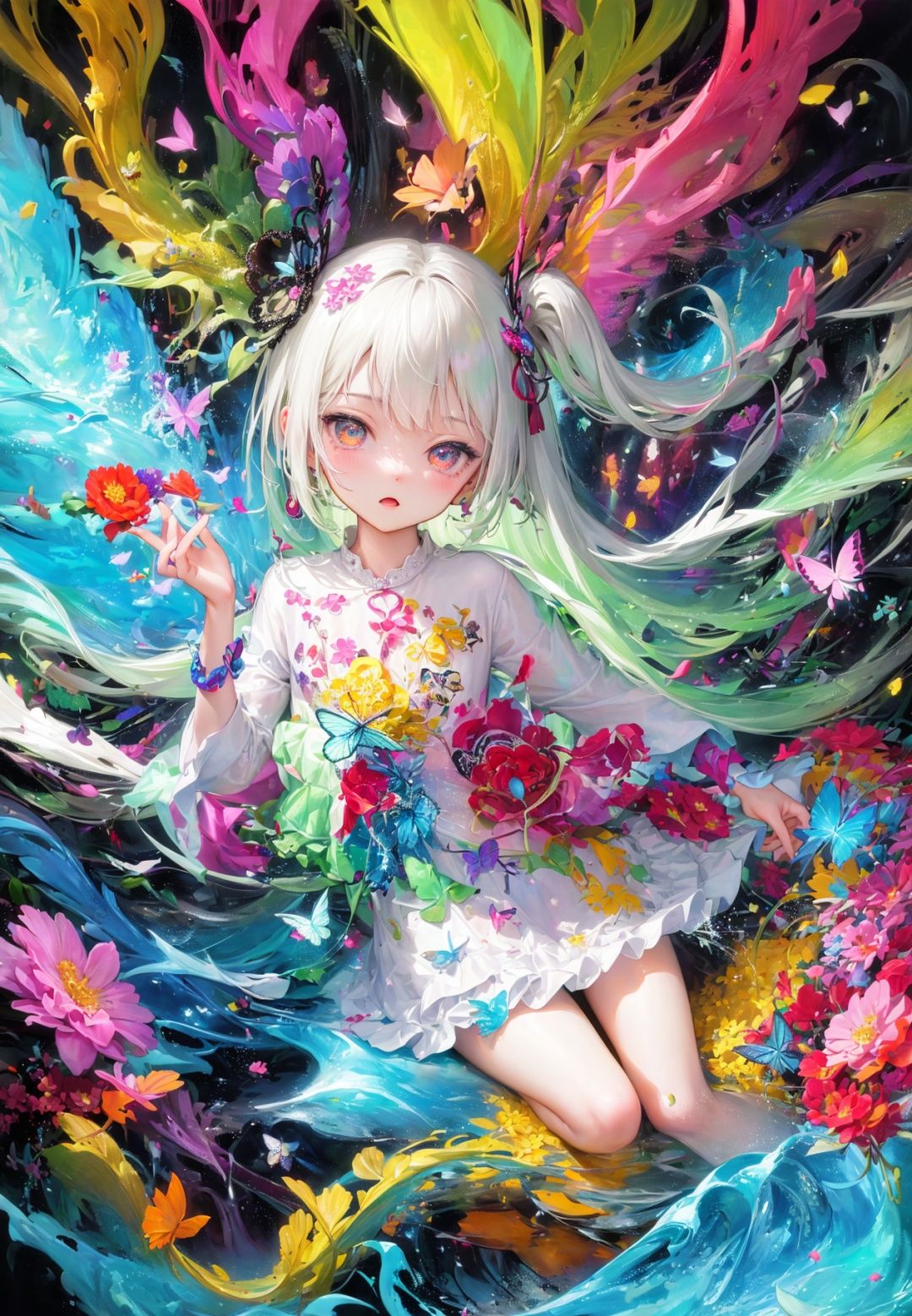 masterpiece, ultra-high quality,( ultra detailed original illustration),(1girl),(full body:0.4),tachi-e,((Dynamic angle)),,(( harajuku fashion)),(( flowers with human eyes, flower eyes)), double exposure, fussion of fluid abstract art, glitch,( 2d),( original illustration composition),( fusion of limited color, maximalism artstyle, geometric artstyle, butterflies, junk art),holding