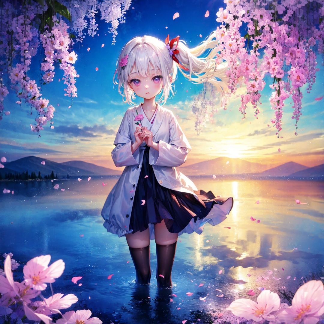 (a girl with white hair and purple eye, white robe, sitting in water, long thin braids, looking at viewer:0.9)mountains at far, beautiful nature, wind, (loli:1.4),twintails,floating pink petals,water reflection of clear blue sky,(holding a flower)