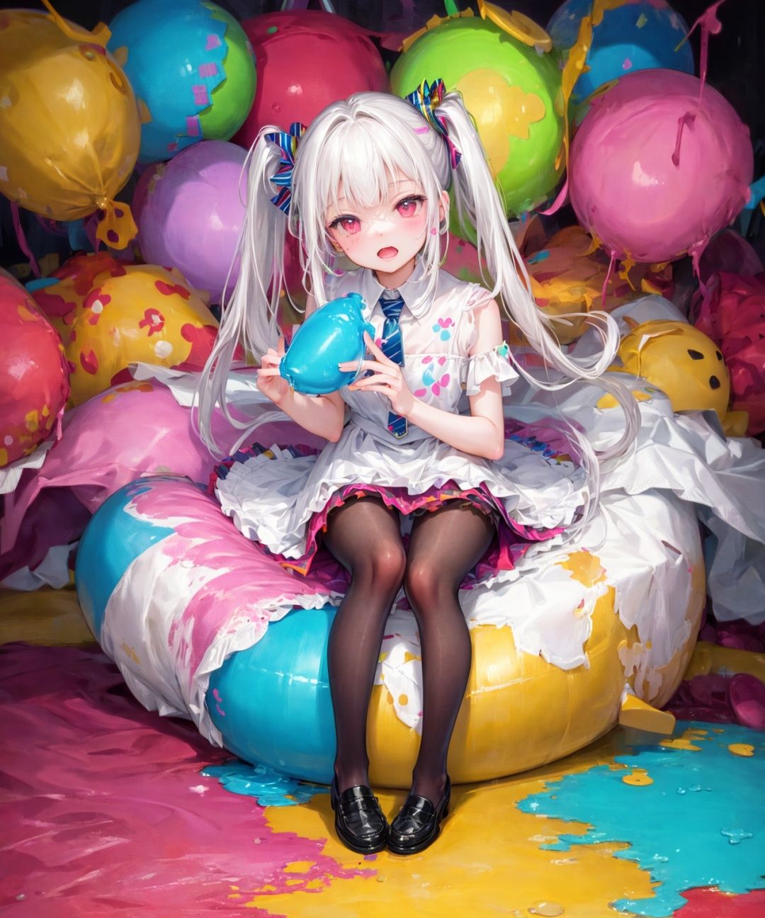 //,masterpiece,((best quality)),(ultra-detailed),(illustration),an extremely delicate and beautiful,dynamic angle,chromatic aberration,((Medium shot)),((colorful)),//,(full body:0.8),1girl,little girl,stampede,full view,stockings_painting,loafers,Paint splash,tie-dye,white hair,side ponytail,holding
