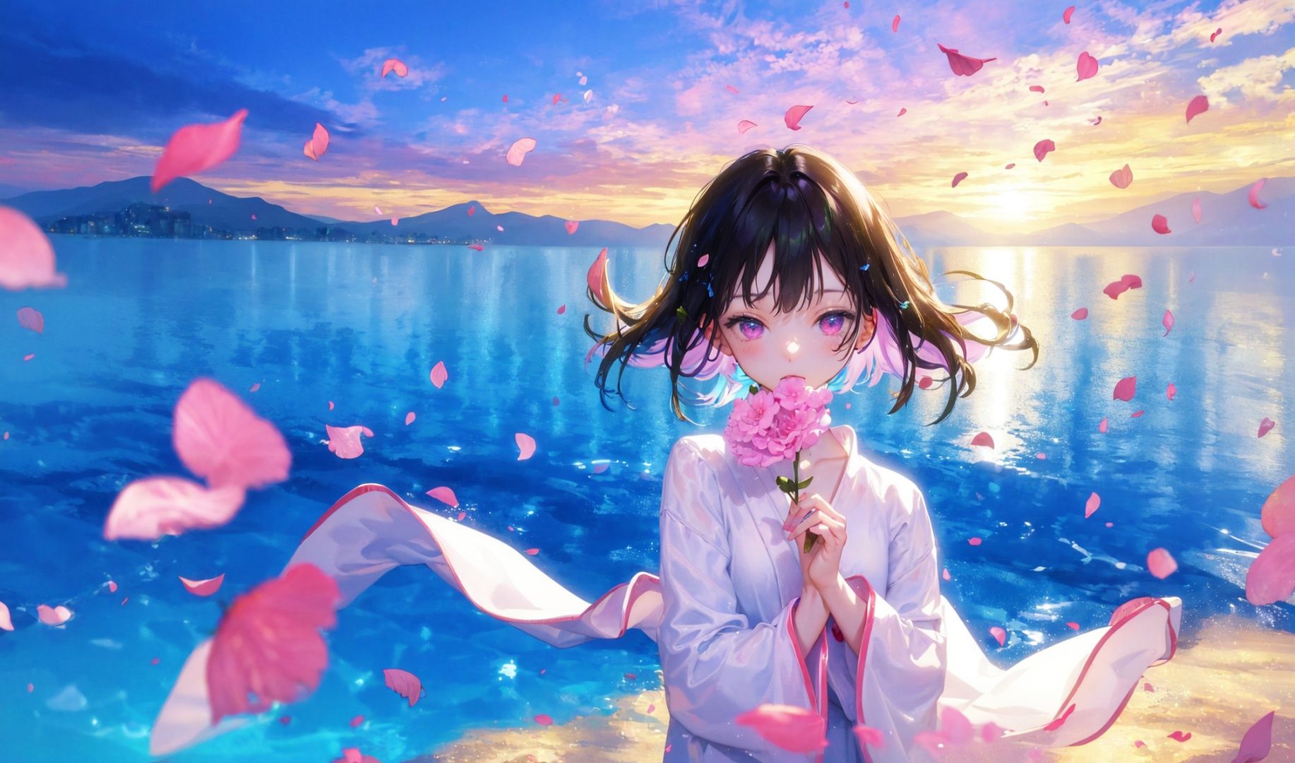 (a girl with short brown hair and purple eye, white robe, sitting in water, long thin braids, looking at viewer:0.9)mountains at far, beautiful nature, wind, floating pink petals,water reflection of clear blue sky,(holding a flower)