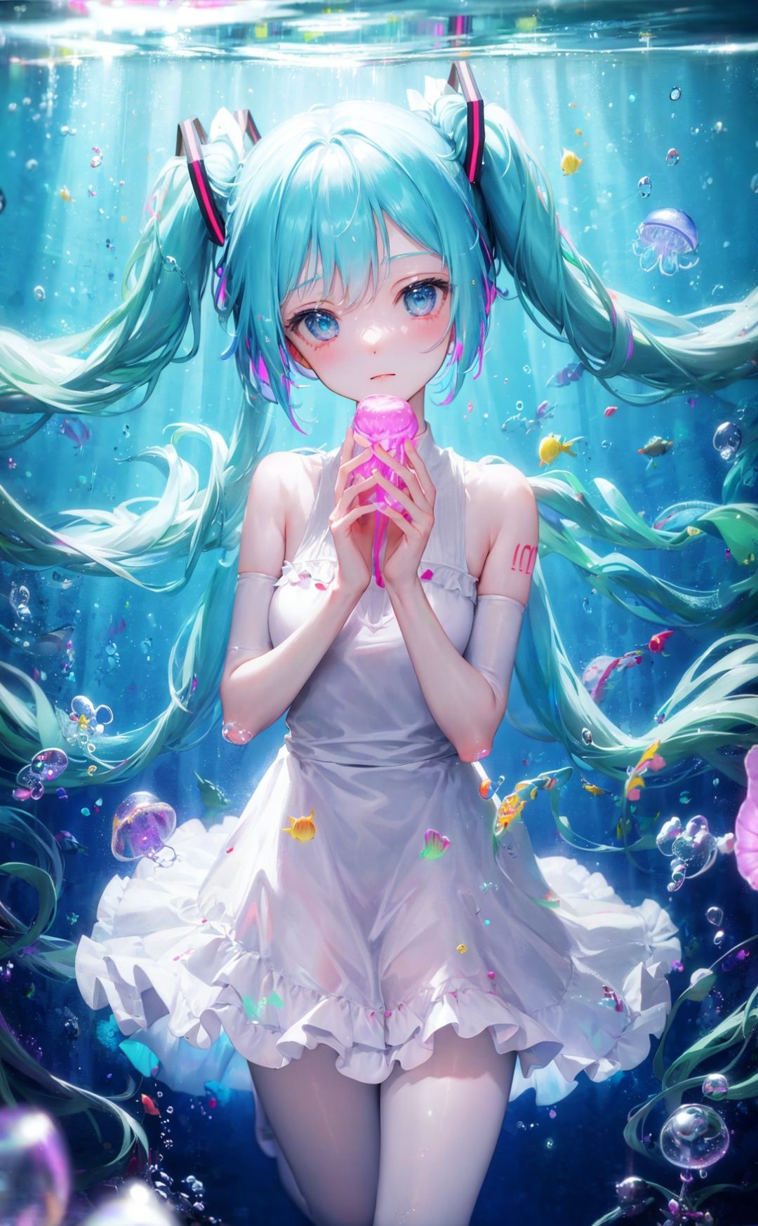 chiaroscuro, jellyfish, hatsune miku, long hair, dress, 1girl, underwater, very long hair, twintails, blue theme, closed eyes, bubble, white dress, air bubble, bangs, blue hair, solo, fish, bow, water,pale skin