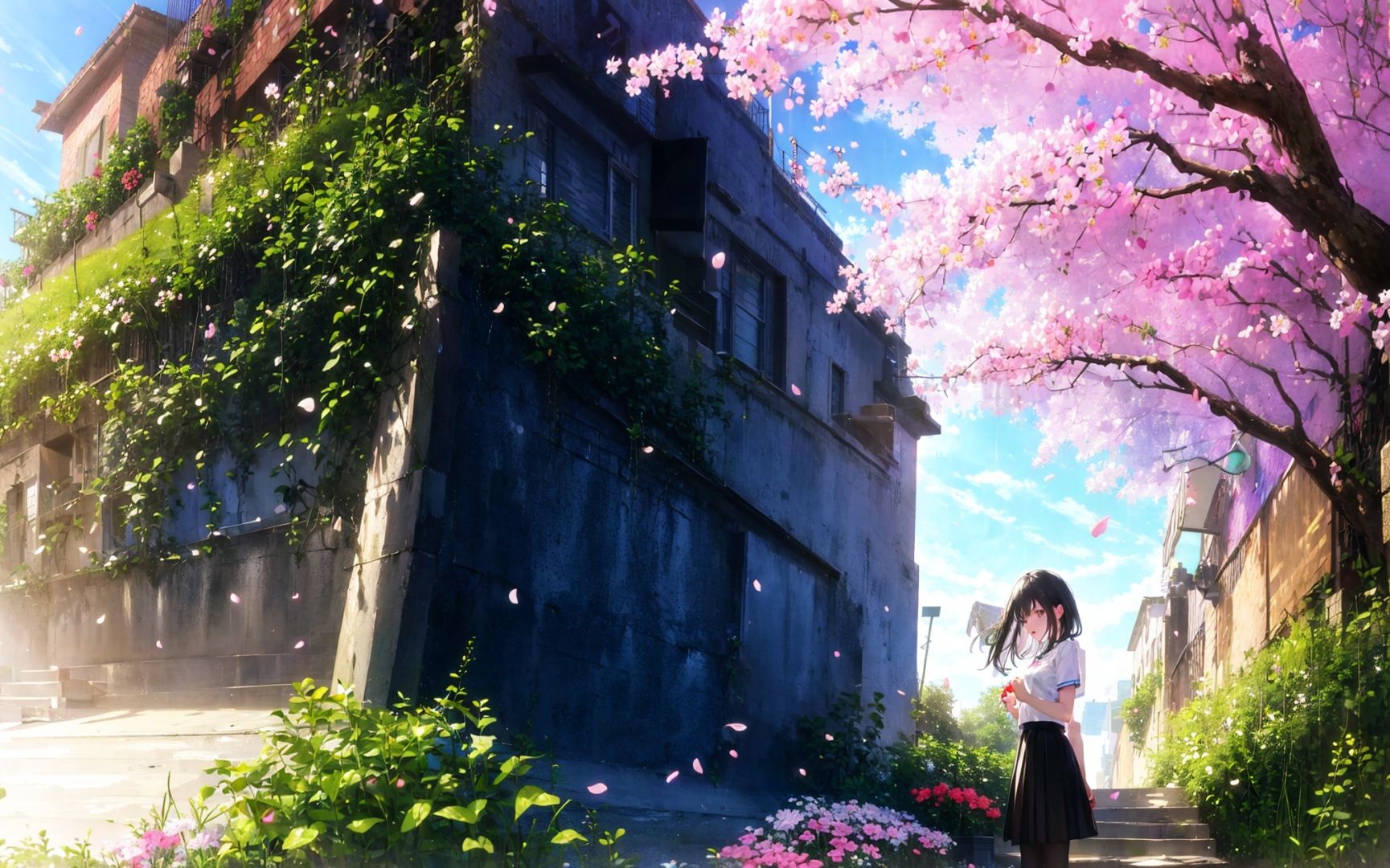 masterpiece,best quality,1girl,black skirt,branch,building,chain-link fence,cherry blossoms,fence,long hair,outdoors,petals,pleated skirt,rain,shirt,short sleeves,skirt,solo,standing,tree,sky,street,baihuaniang,flower,((holding a flower))