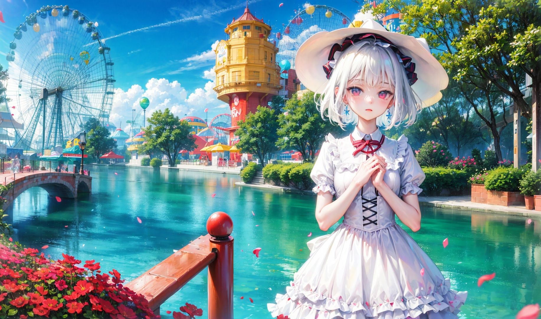 colorful,1girl,solo,hands on chest,heterochromia,white hair,loli,white lolita fashion,looking at viewer,amusement park,balloon,ferris wheel,disney,summer,fountain,tree,fog,cloudy sky,falling petals,flower,cowboy shot,standing