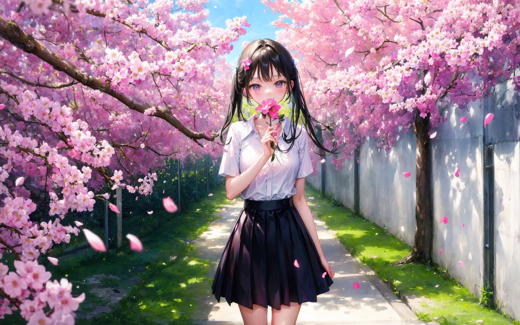 masterpiece,best quality,1girl,black skirt,branch,building,chain-link fence,cherry blossoms,fence,long hair,outdoors,petals,pleated skirt,rain,shirt,short sleeves,skirt,solo,standing,tree,sky,street,baihuaniang,flower,((holding a flower))