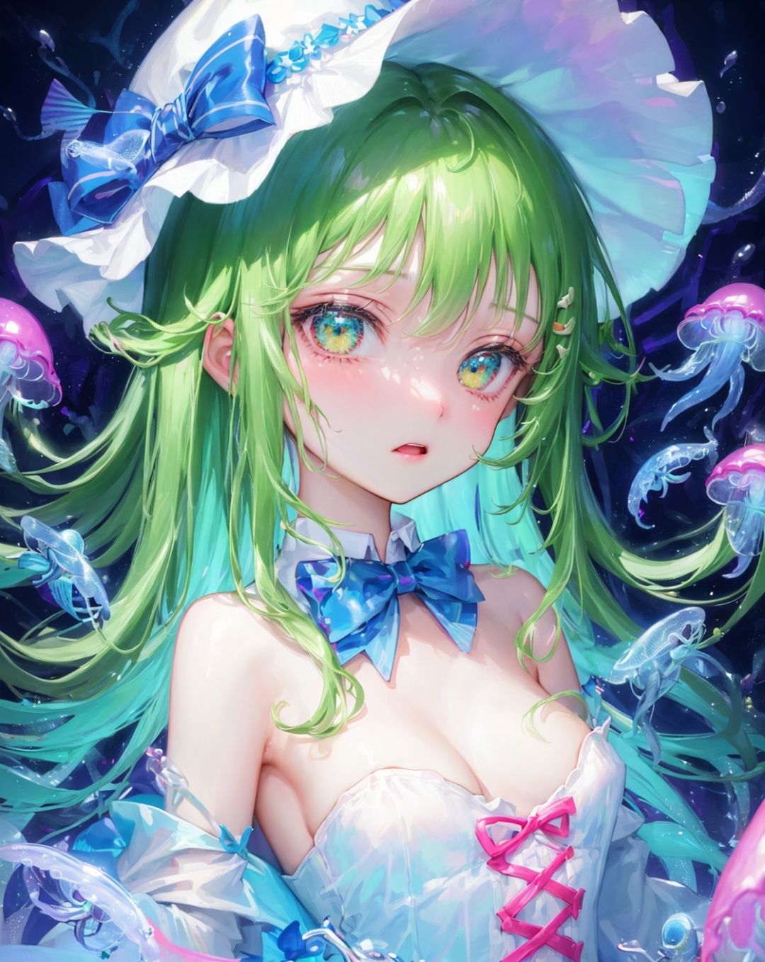 ((masterpiece)),(illustration),(((best quality)),iridescent, ((beautiful detailed girl)),jellyfish_girl,small breast,upper_body, (delicate cute face),lovestruck,(iridescent eyes), ((floating_hair)),iridescent,(jellyfish_hat),bow, dark_blue dress,bowties,laces,ribbons,pearl, (in deep_sea),fishes,(jellyfish),beautiful landscape,(gumi)