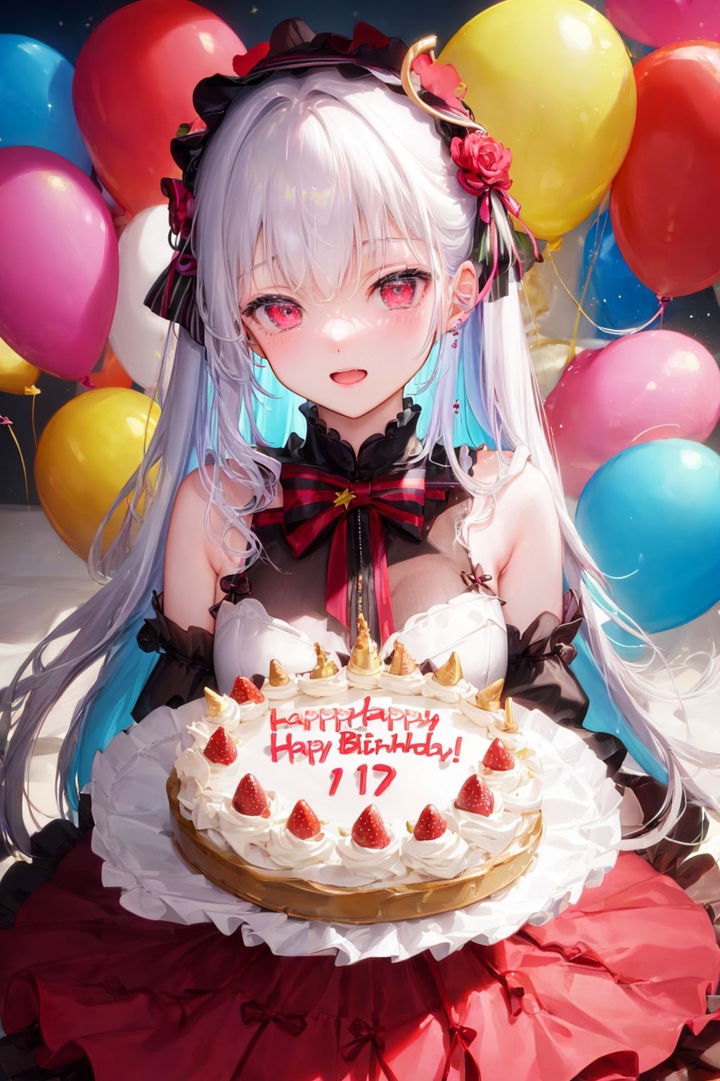 (Masterpiece, best quality)(detailed light), (an extremely delicate and beautiful), volume light, best shadow, flash, Depth of field, dynamic angle, Oily skinupper body, 1 Girl on her birthday, extremely detailed big birthday cake,Colorful Lolita dresses, lots of pretty ruffles, red bows, headbands,Make a wishBeautiful elegant room, lots of streamers, balloonBREAK生日快乐歌：Happy birthday to youHappy birthday to youHappy birthday, happy birthdayHappy birthday to you
