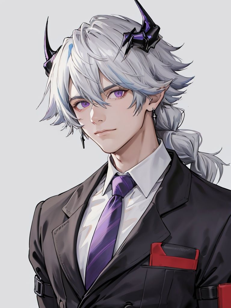<lora:puzzle-000005:1>,puzzle_arknights, long hair, horns, purple eyes, solo, braid, necktie, shirt, white background, simple background, looking at viewer, white shirt, grey hair, collared shirt, upper body, closed mouth, jacket, black jacket, hair between eyes, 1girl, striped necktie, best quality,masterpiece,highres,realistic,1boy,male focus,solo,looking at viewer,