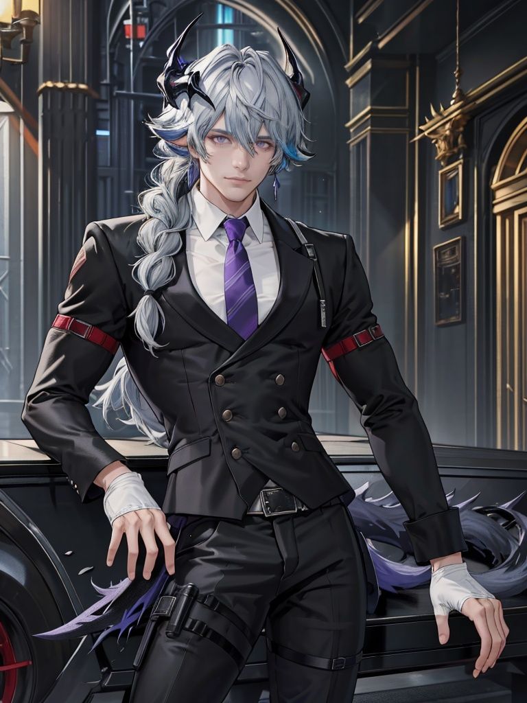 <lora:puzzle-000005:1>,puzzle_arknights,long hair,grey hair,blue hair,multicolored hair,hair between eyes,braid,single braid,horns,purple eyes,tail,necktie,shirt,white shirt,purple necktie,gloves,black gloves,fingerless gloves,black pants,formal,theater, best quality,masterpiece,highres,realistic,1boy,male focus,solo,looking at viewer,