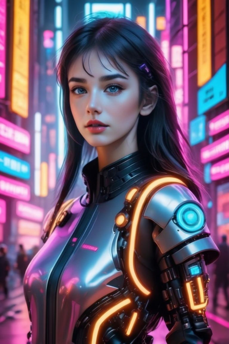 ((Macrophotography)),  Neonpunk Girl in a Cybernetic Metropolis: Cyberpunk setting,  neon lights on Tensor.Art