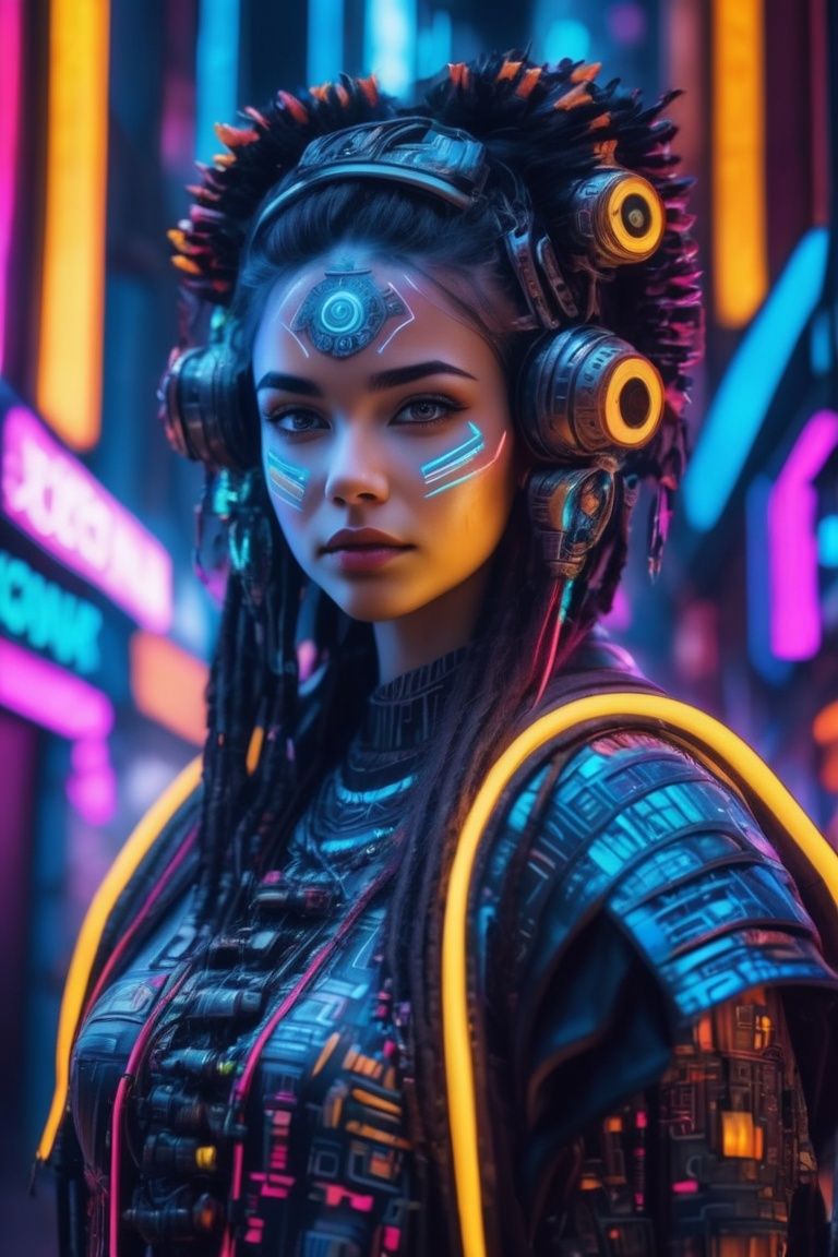 Tribal style ((Macrophotography)),  Neonpunk Girl in a Cybernetic Metropolis: Cyberpunk setting,  neon lights by Hex4 on T...