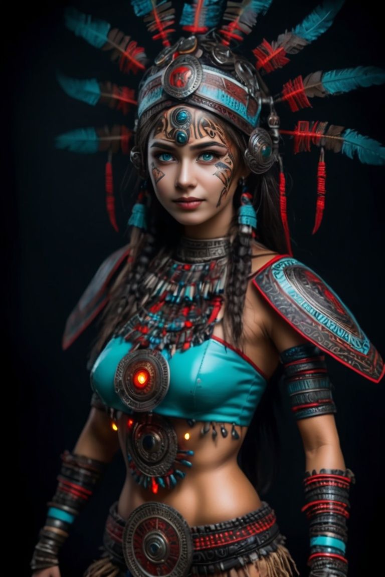 Tribal style ((full body)),  beautiful woman semi robot ,  red wire led by Hex4 on Tensor.Art