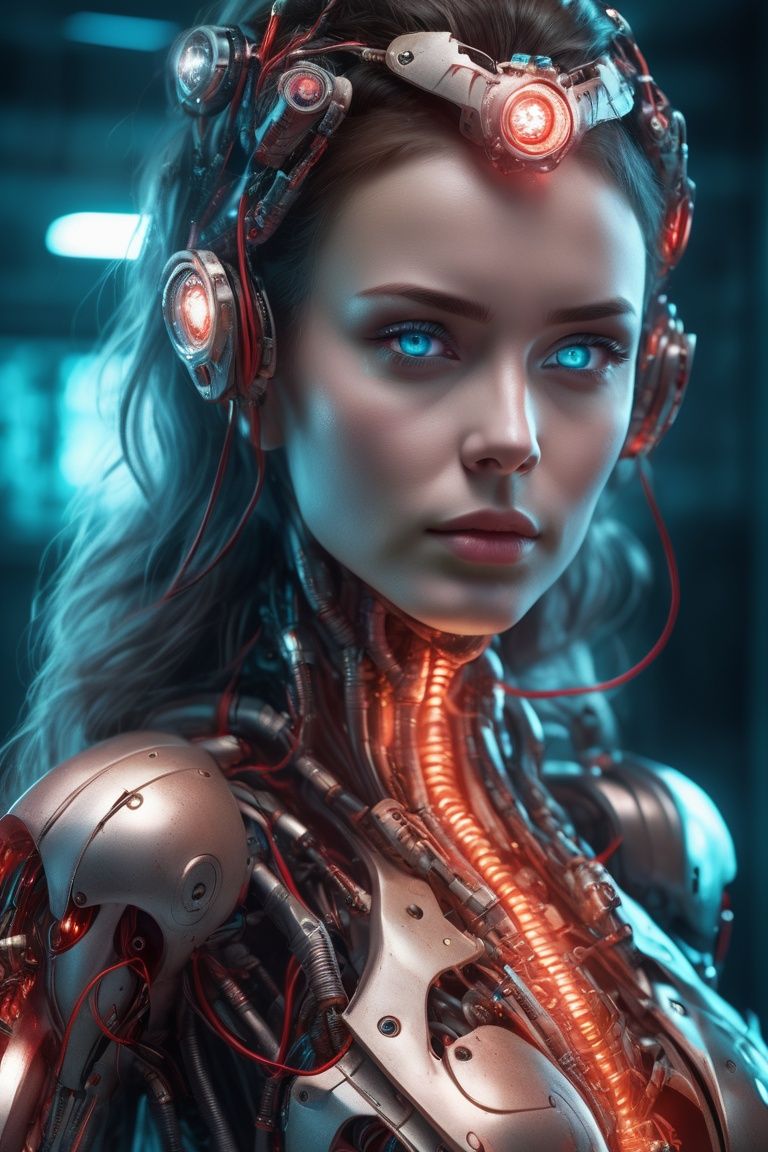 Hyperrealistic art ((full body)),  beautiful woman semi robot ,  red wire led on Tensor.Art