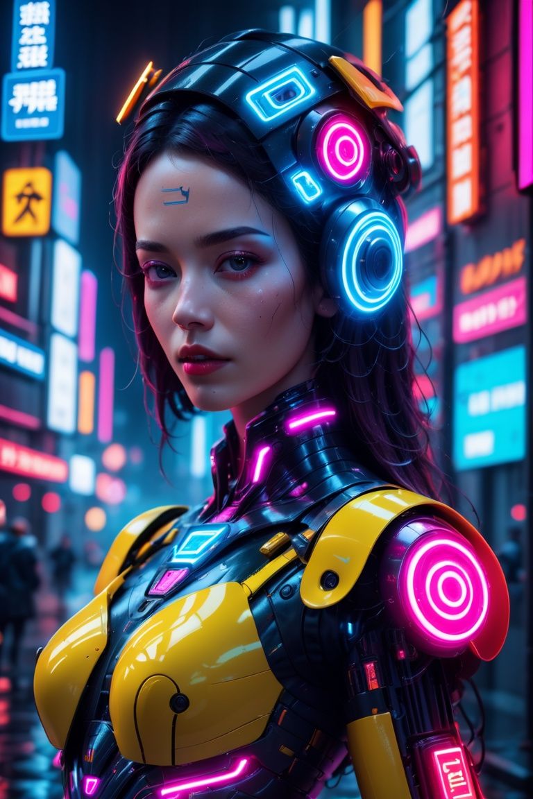 Neon noir beautiful woman semi robot taking selfie,  looking at viewer,  . Cyberpunk by Hex4 on Tensor.Art