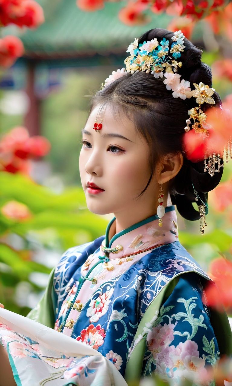 An artistic photograph capturing a young girl dressed in exquisite Qing Dynasty attire, qing clothes, as she explores a vibrant garden. The girl delicately holds a silk handkerchief in one hand, adding a touch of elegance to the scene. The creative composition features a whimsical play of light and shadow, evoking a sense of enchantment. Ethereal smoke effects enhance the overall atmosphere. The girl's expression exudes wonder and curiosity, her attire adorned with intricate details that transport us to a bygone era. This photograph embodies creativity and emotion, inviting viewers to immerse themselves in its captivating world. Taken with a Nikon D850, aperture f/2.8, ISO 200, shutter speed 1/500